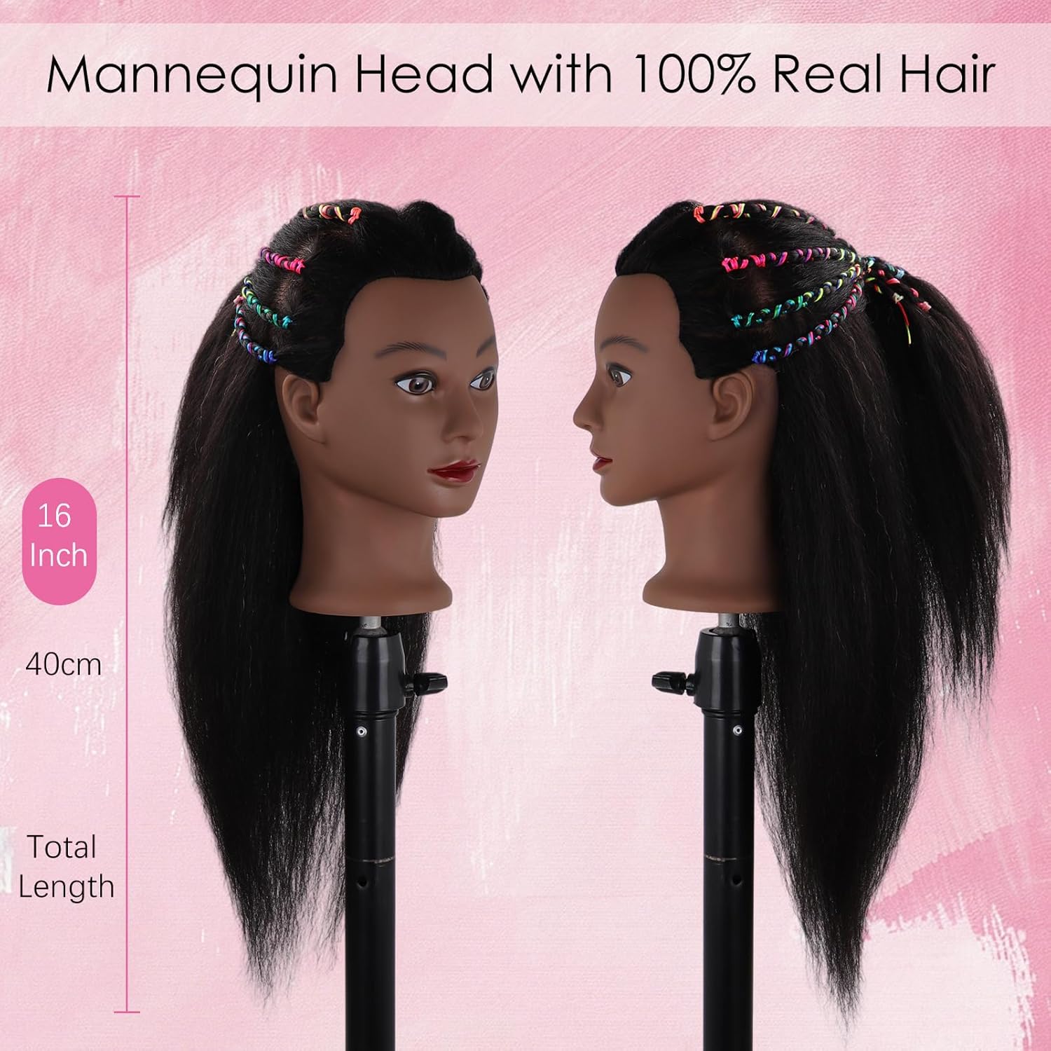 DiazySight Afro mannequin-hoofd van 100% steil echt haar, 45,7 cm, voor meisjes om te oefenen, kappershoofd en trainingsset voor cosmentogoly training en stylist