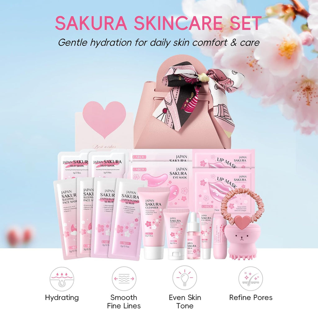 LAIKOU Sakura Skincare Set voor tieners, meisjes, 18-delig, gezichtsverzorgingsset voor reizen, met reiniger, crème, masker, patch, lippen, elastisch, voor hydraterend, voedend en glanzend