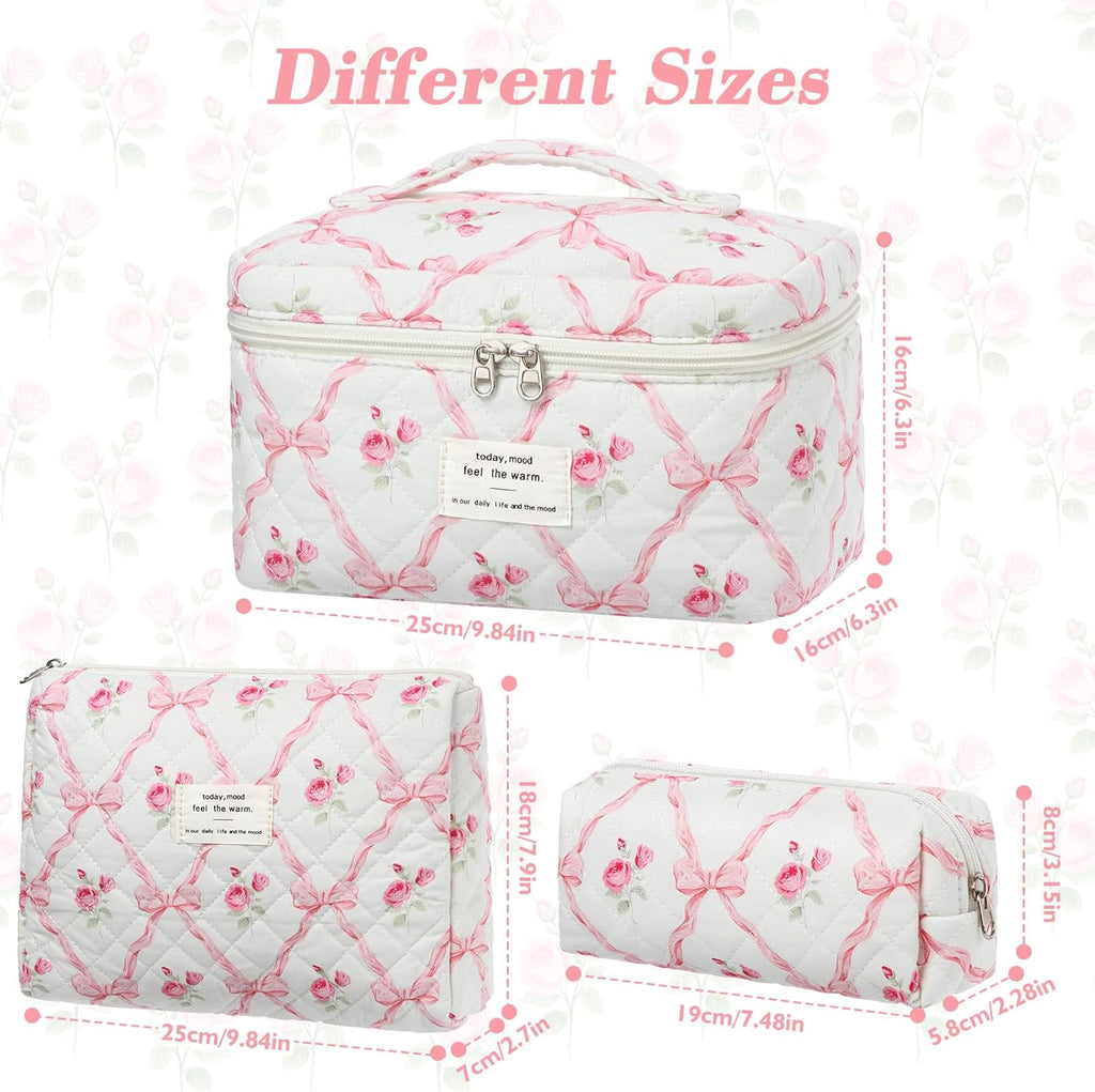 Set van 3 make-uptassen voor dames met bloemenpatroon, toilettas, grote toilettas, draagbare make-uptas voor reizen en dagelijks gebruik, pollen, roze, rustieke bloem