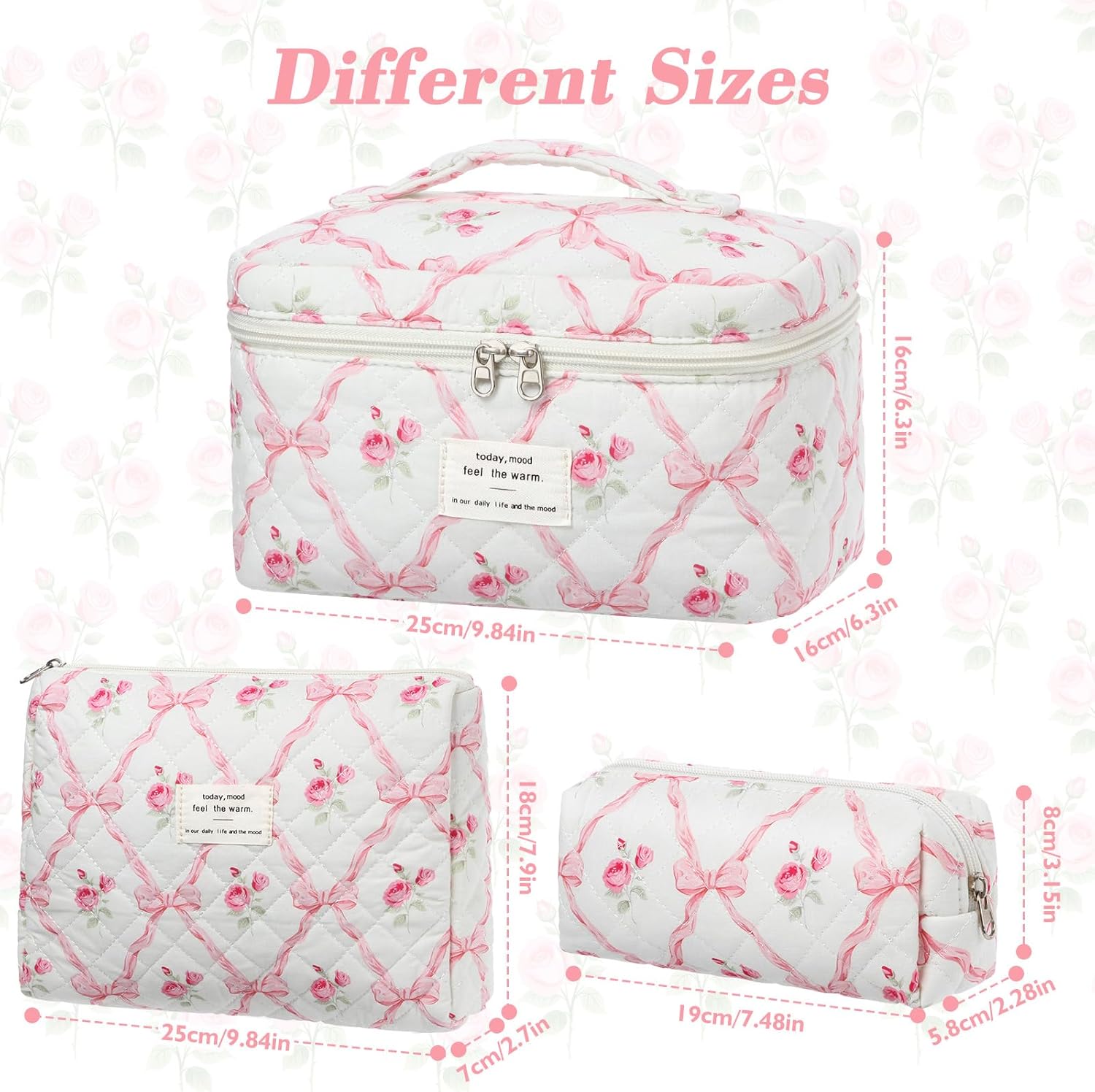Set van 3 make-uptassen voor dames met bloemenpatroon, toilettas, grote toilettas, draagbare make-uptas voor reizen en dagelijks gebruik, pollen, roze, rustieke bloem