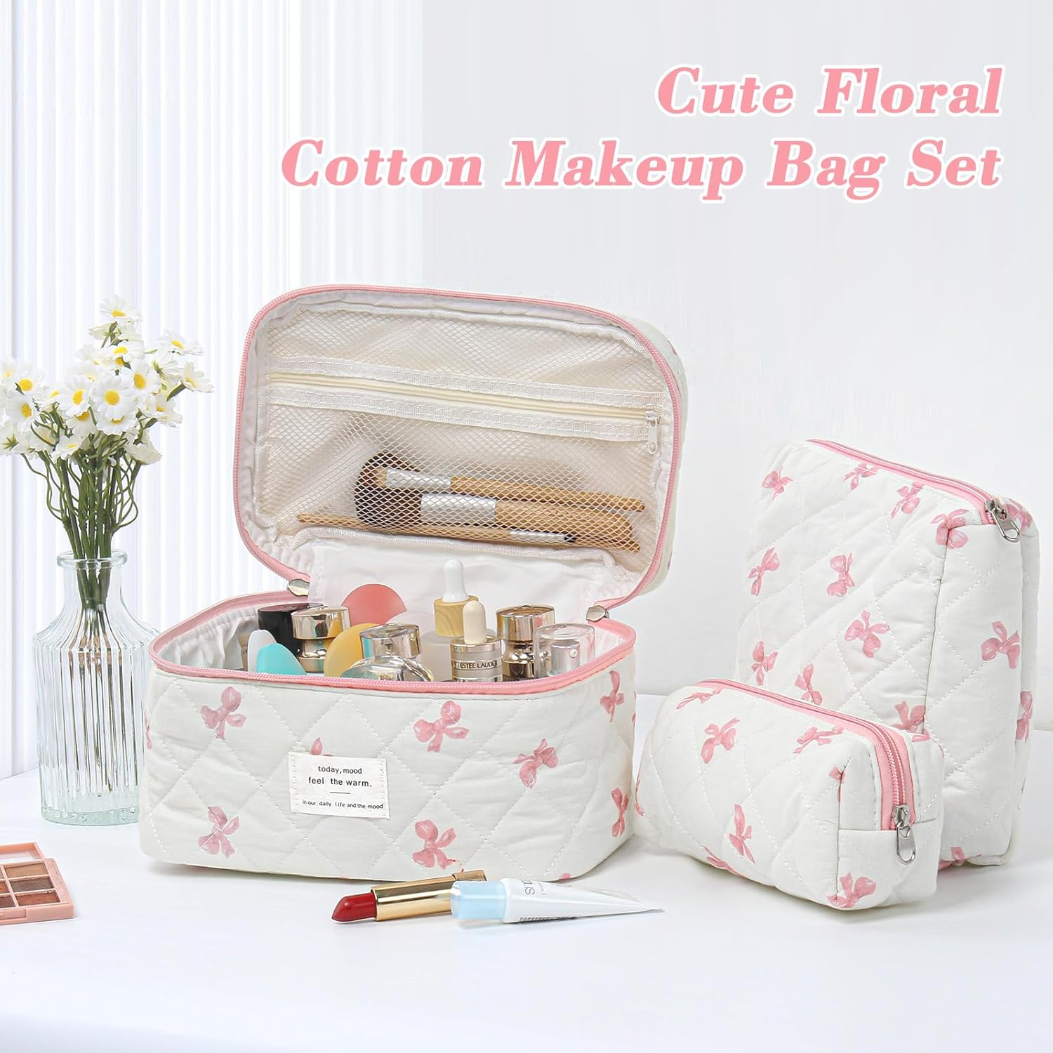 Set van 3 make-uptassen voor dames met bloemenpatroon, toilettas, grote toilettas, draagbare make-uptas voor reizen en dagelijks gebruik, pollen, roze, rustieke bloem