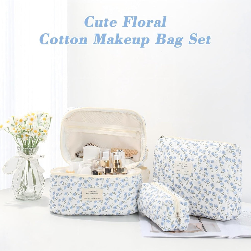 Set van 3 make-uptassen voor dames met bloemenpatroon, toilettas, grote toilettas, draagbare make-uptas voor reizen en dagelijks gebruik, pollen, roze, rustieke bloem