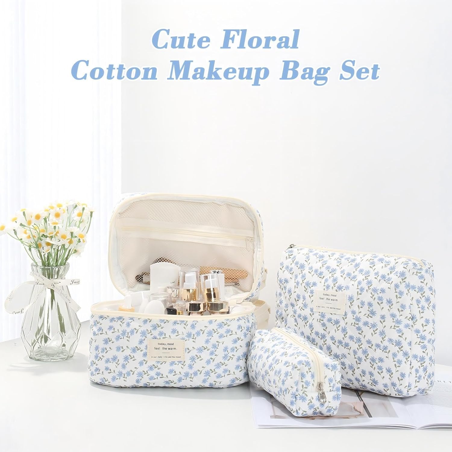 Set van 3 make-uptassen voor dames met bloemenpatroon, toilettas, grote toilettas, draagbare make-uptas voor reizen en dagelijks gebruik, pollen, roze, rustieke bloem
