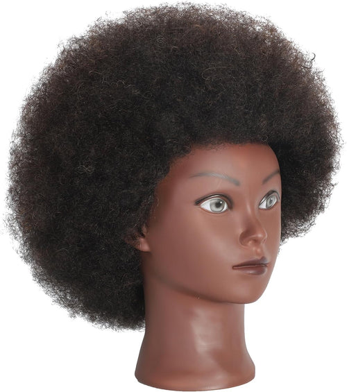 Afro mannequin-hoofd met krullend menselijk haar, cosmetologie, mannequinhoofd voor haarweergave, bril en praktijk