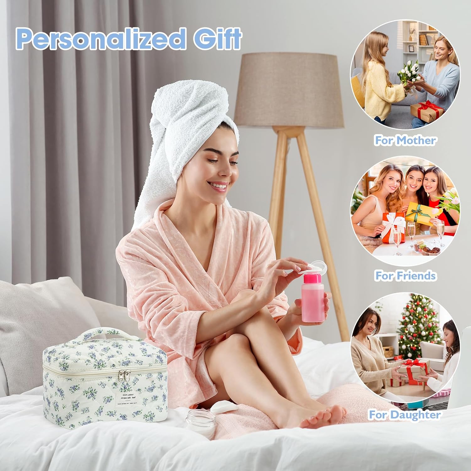 Set van 3 make-uptassen voor dames met bloemenpatroon, toilettas, grote toilettas, draagbare make-uptas voor reizen en dagelijks gebruik, pollen, roze, rustieke bloem