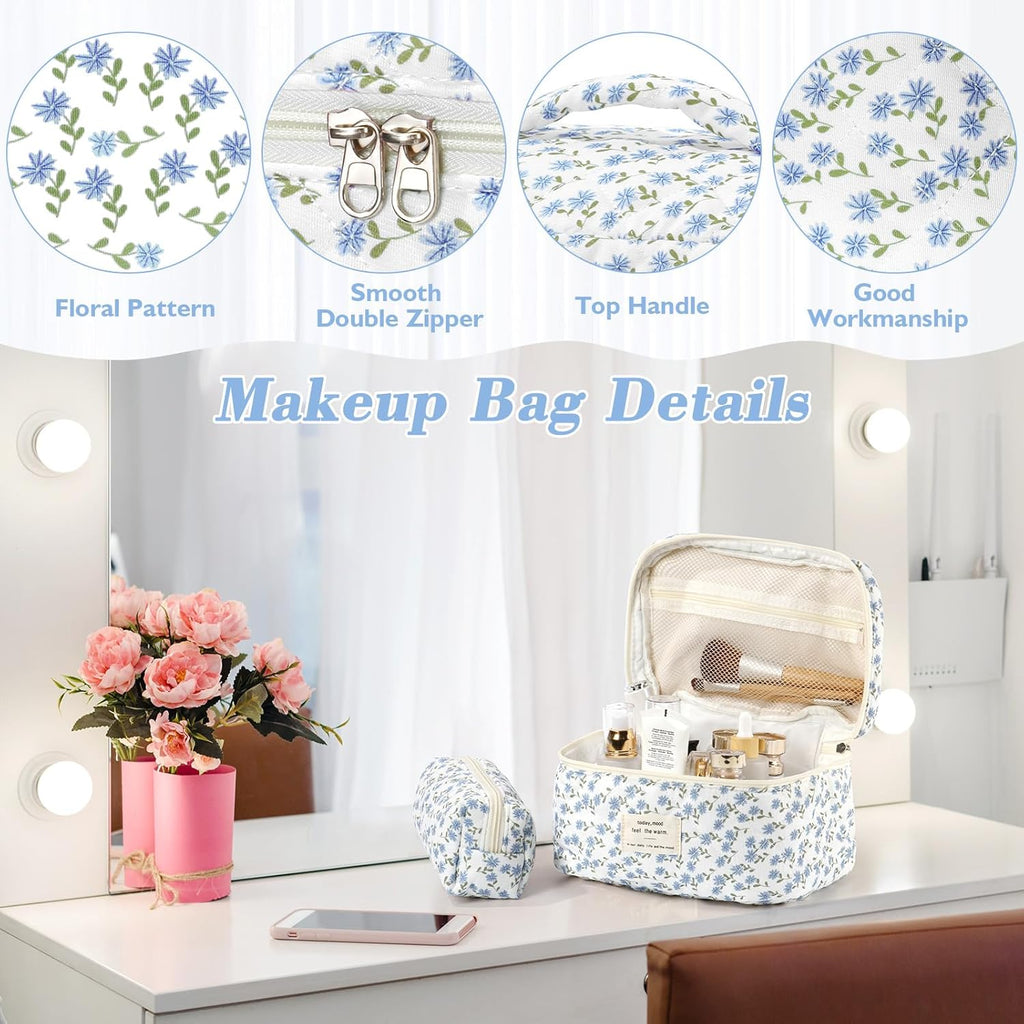 Set van 3 make-uptassen voor dames met bloemenpatroon, toilettas, grote toilettas, draagbare make-uptas voor reizen en dagelijks gebruik, pollen, roze, rustieke bloem