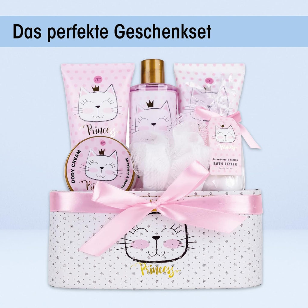 Accentra - Princess Kitty cadeauset voor meisjes en vrouwen - doucheset inclusief schuimbad, scrub, douchegel en meer - Fruitgeur cadeau in een mooie doos