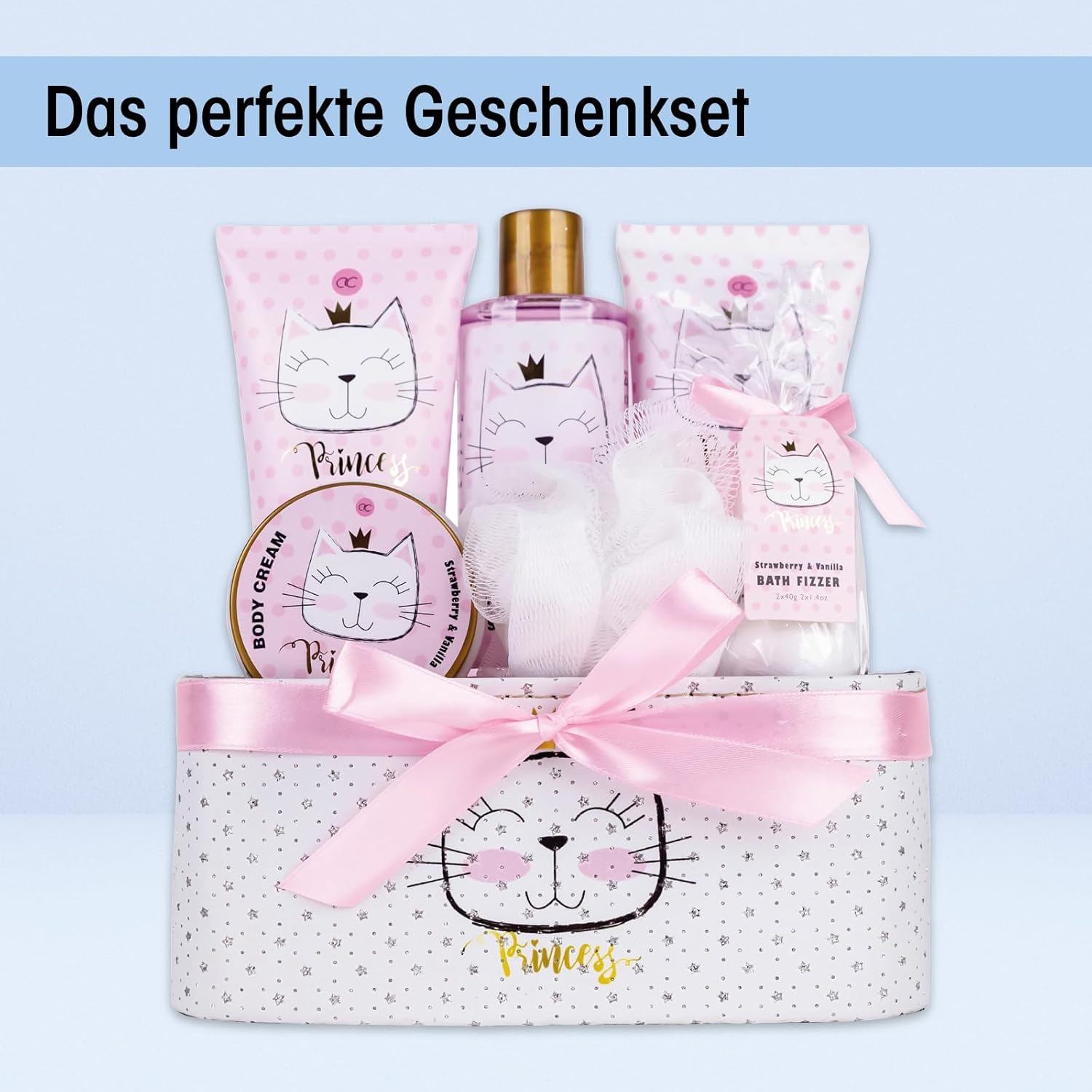 Accentra - Princess Kitty cadeauset voor meisjes en vrouwen - doucheset inclusief schuimbad, scrub, douchegel en meer - Fruitgeur cadeau in een mooie doos