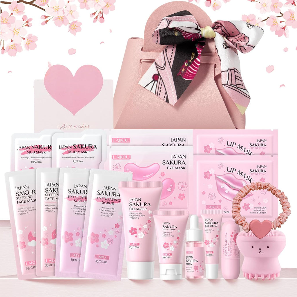LAIKOU Sakura Skincare Set voor tieners, meisjes, 18-delig, gezichtsverzorgingsset voor reizen, met reiniger, crème, masker, patch, lippen, elastisch, voor hydraterend, voedend en glanzend