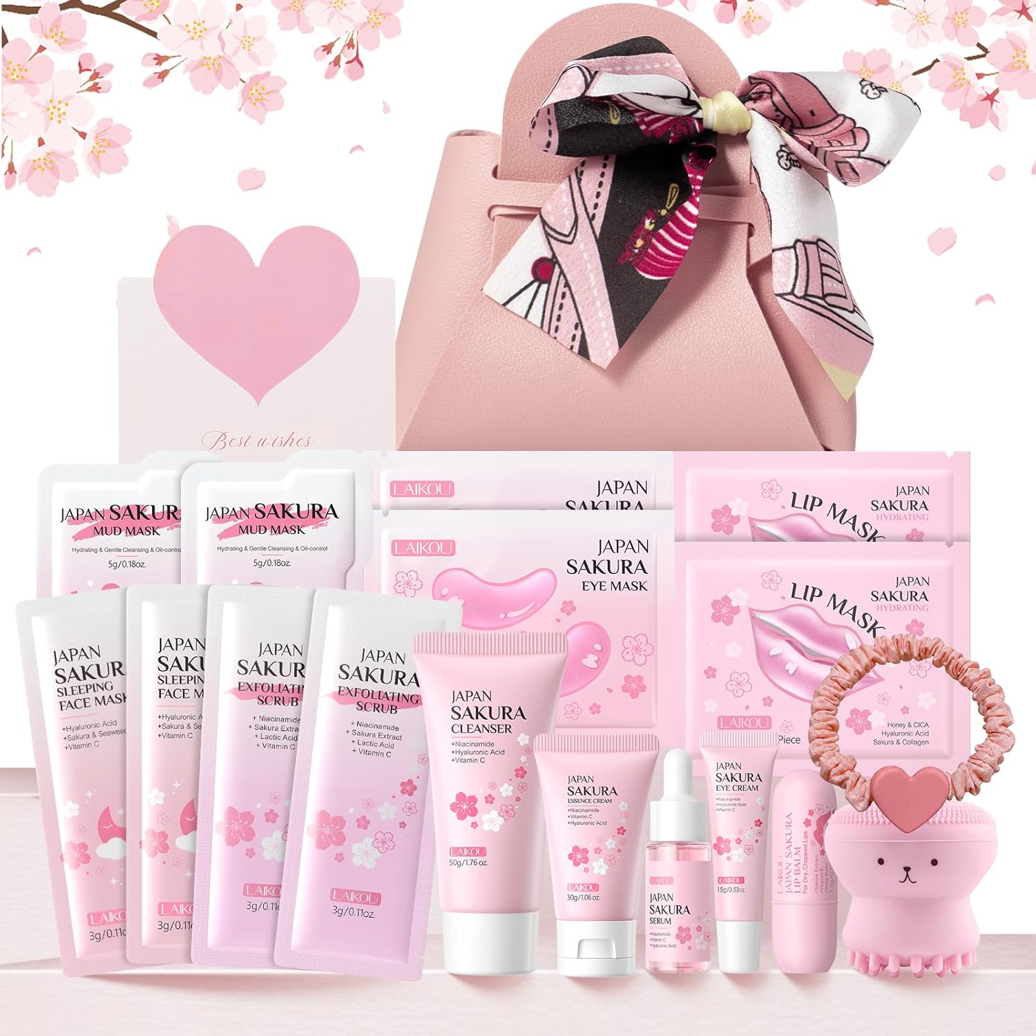 LAIKOU Sakura Skincare Set voor tieners, meisjes, 18-delig, gezichtsverzorgingsset voor reizen, met reiniger, crème, masker, patch, lippen, elastisch, voor hydraterend, voedend en glanzend