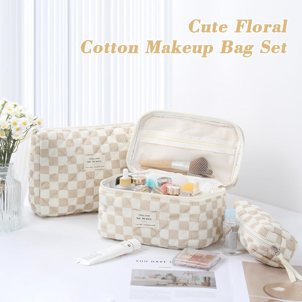Set van 3 make-uptassen voor dames met bloemenpatroon, toilettas, grote toilettas, draagbare make-uptas voor reizen en dagelijks gebruik, pollen, roze, rustieke bloem