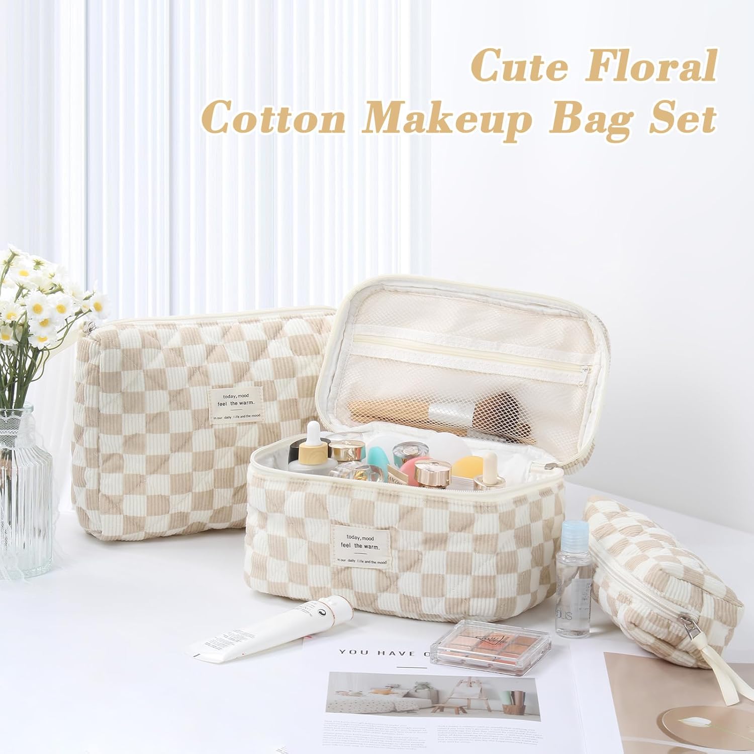 Set van 3 make-uptassen voor dames met bloemenpatroon, toilettas, grote toilettas, draagbare make-uptas voor reizen en dagelijks gebruik, pollen, roze, rustieke bloem