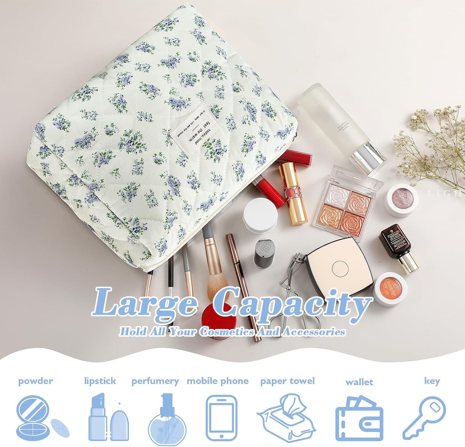 Set van 3 make-uptassen voor dames met bloemenpatroon, toilettas, grote toilettas, draagbare make-uptas voor reizen en dagelijks gebruik, pollen, roze, rustieke bloem