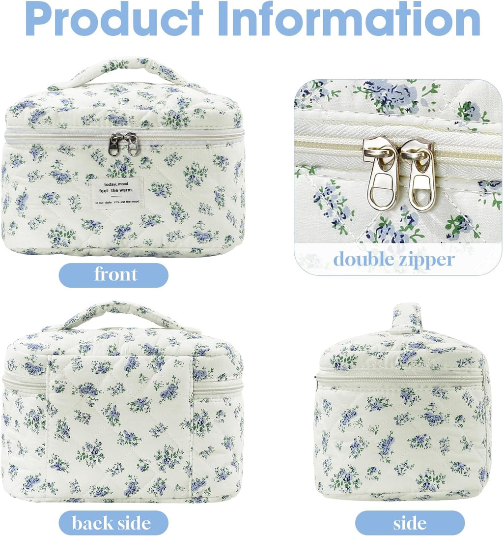 Set van 3 make-uptassen voor dames met bloemenpatroon, toilettas, grote toilettas, draagbare make-uptas voor reizen en dagelijks gebruik, pollen, roze, rustieke bloem