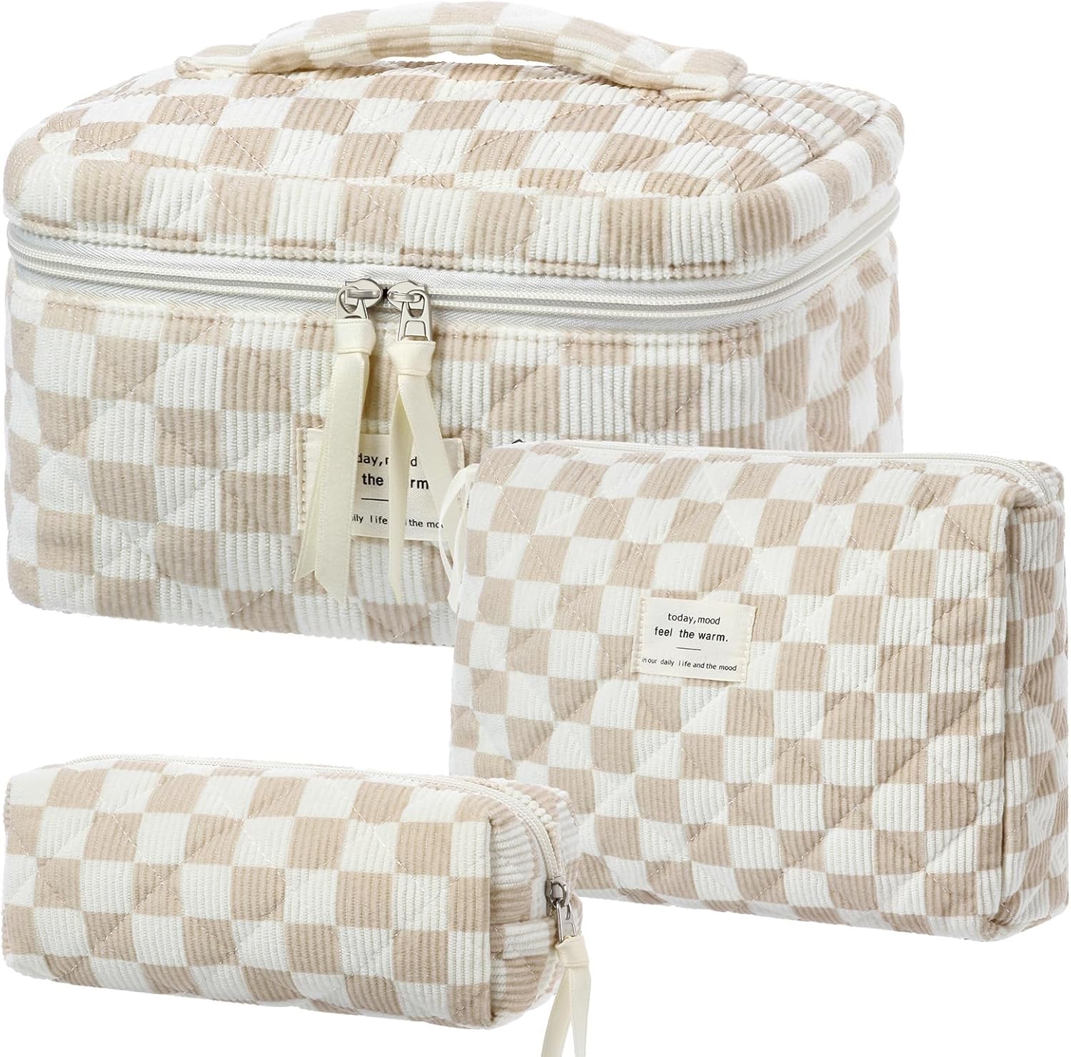 Set van 3 make-uptassen voor dames met bloemenpatroon, toilettas, grote toilettas, draagbare make-uptas voor reizen en dagelijks gebruik, pollen, roze, rustieke bloem