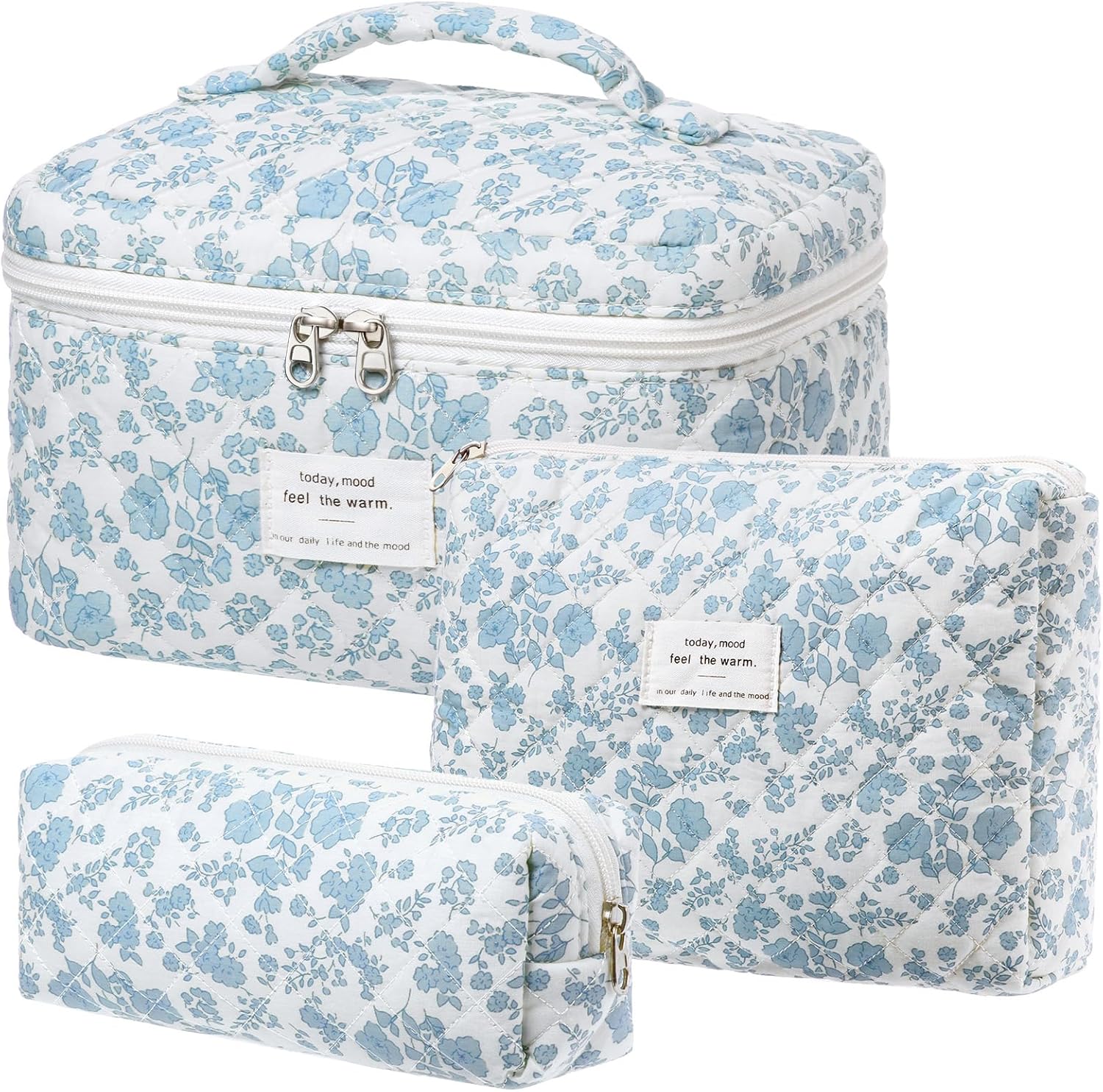 Set van 3 make-uptassen voor dames met bloemenpatroon, toilettas, grote toilettas, draagbare make-uptas voor reizen en dagelijks gebruik, pollen, roze, rustieke bloem