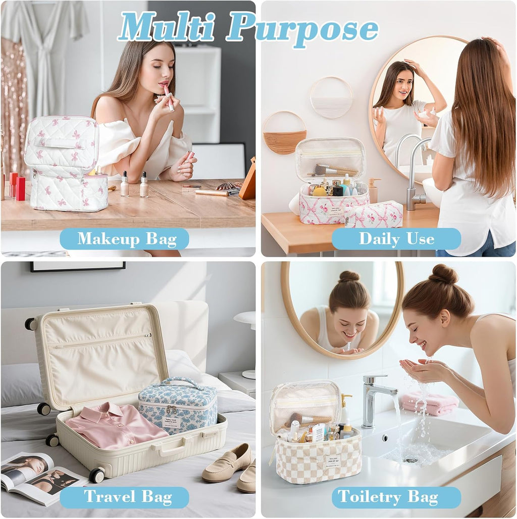 Set van 3 make-uptassen voor dames met bloemenpatroon, toilettas, grote toilettas, draagbare make-uptas voor reizen en dagelijks gebruik, pollen, roze, rustieke bloem