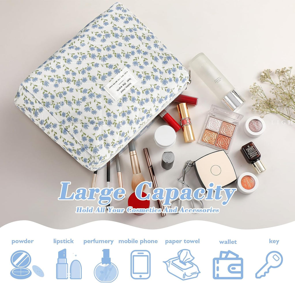 Set van 3 make-uptassen voor dames met bloemenpatroon, toilettas, grote toilettas, draagbare make-uptas voor reizen en dagelijks gebruik, pollen, roze, rustieke bloem