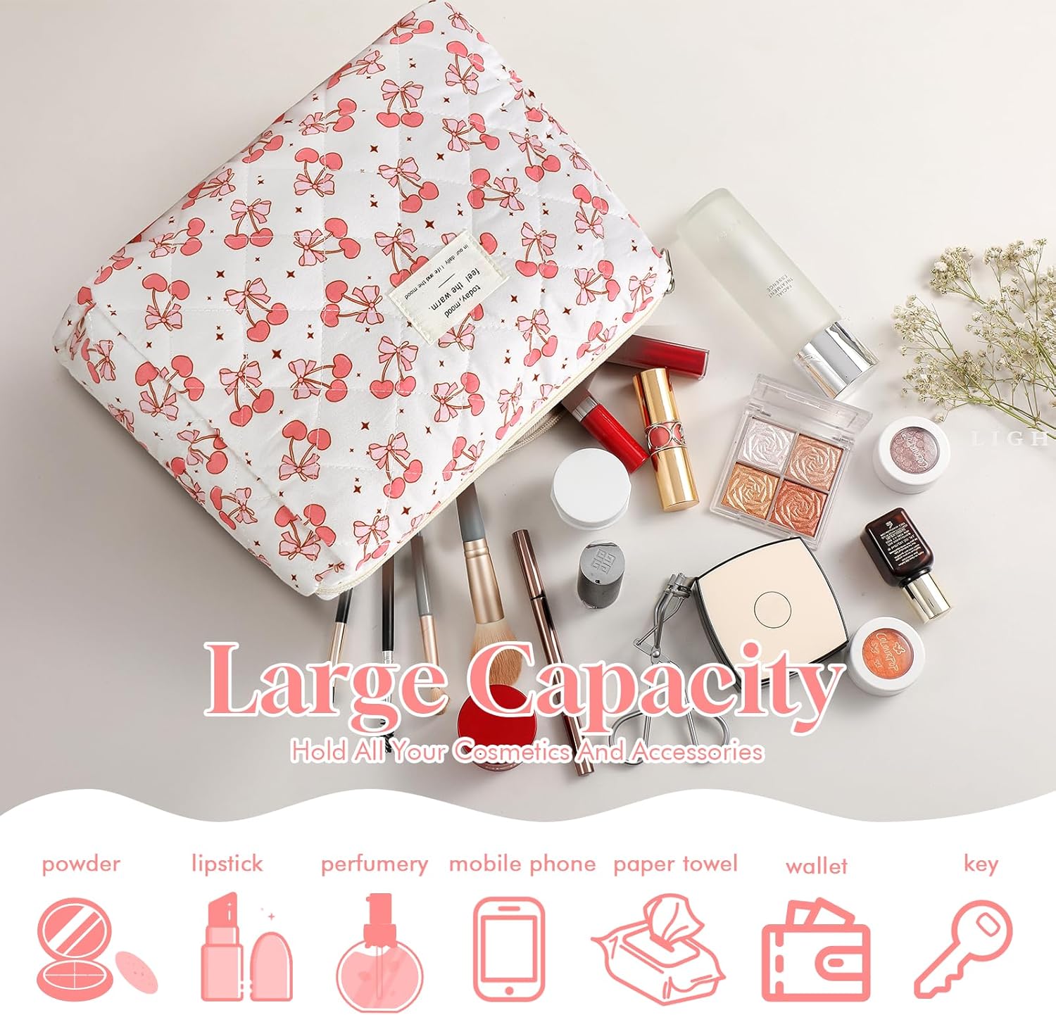Set van 3 make-uptassen voor dames met bloemenpatroon, toilettas, grote toilettas, draagbare make-uptas voor reizen en dagelijks gebruik, pollen, roze, rustieke bloem