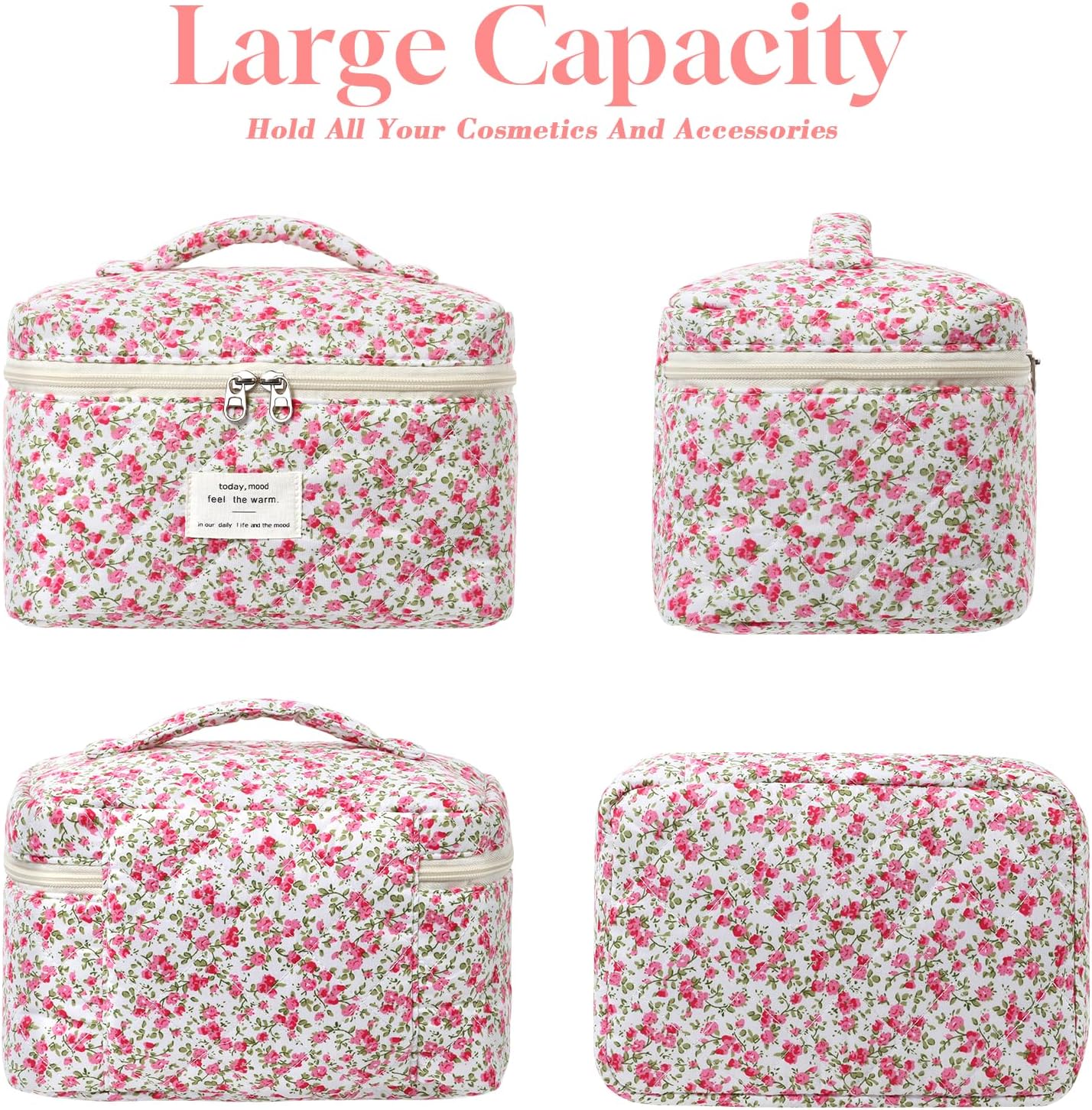 Set van 3 make-uptassen voor dames met bloemenpatroon, toilettas, grote toilettas, draagbare make-uptas voor reizen en dagelijks gebruik, pollen, roze, rustieke bloem