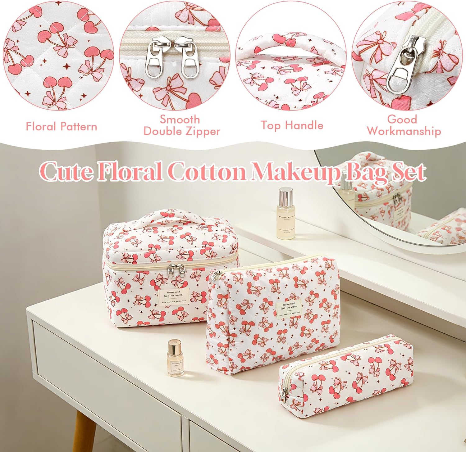 Set van 3 make-uptassen voor dames met bloemenpatroon, toilettas, grote toilettas, draagbare make-uptas voor reizen en dagelijks gebruik, pollen, roze, rustieke bloem