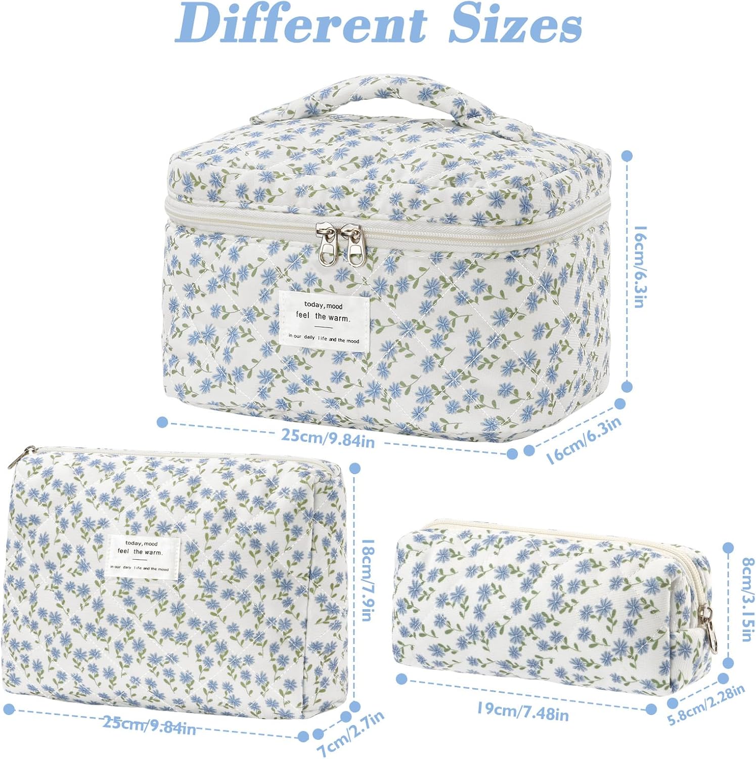 Set van 3 make-uptassen voor dames met bloemenpatroon, toilettas, grote toilettas, draagbare make-uptas voor reizen en dagelijks gebruik, pollen, roze, rustieke bloem