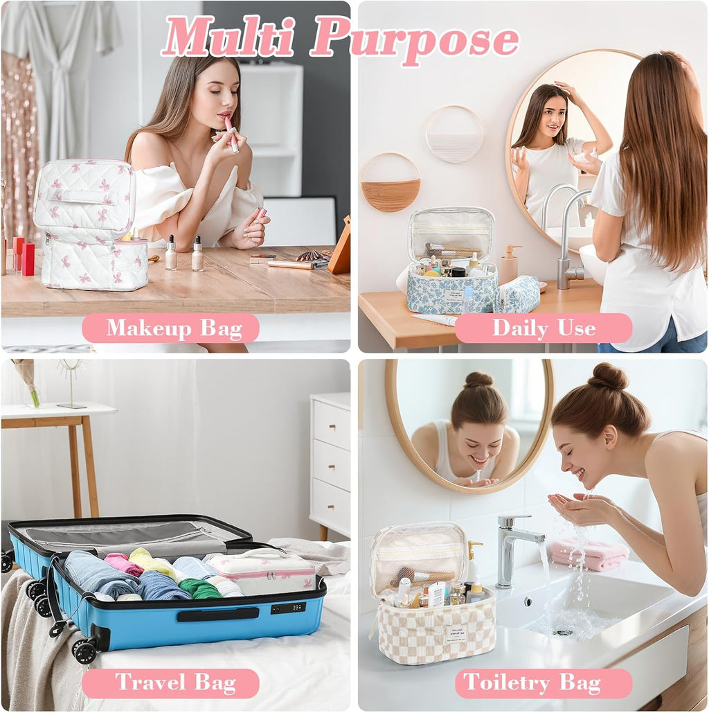 Set van 3 make-uptassen voor dames met bloemenpatroon, toilettas, grote toilettas, draagbare make-uptas voor reizen en dagelijks gebruik, pollen, roze, rustieke bloem