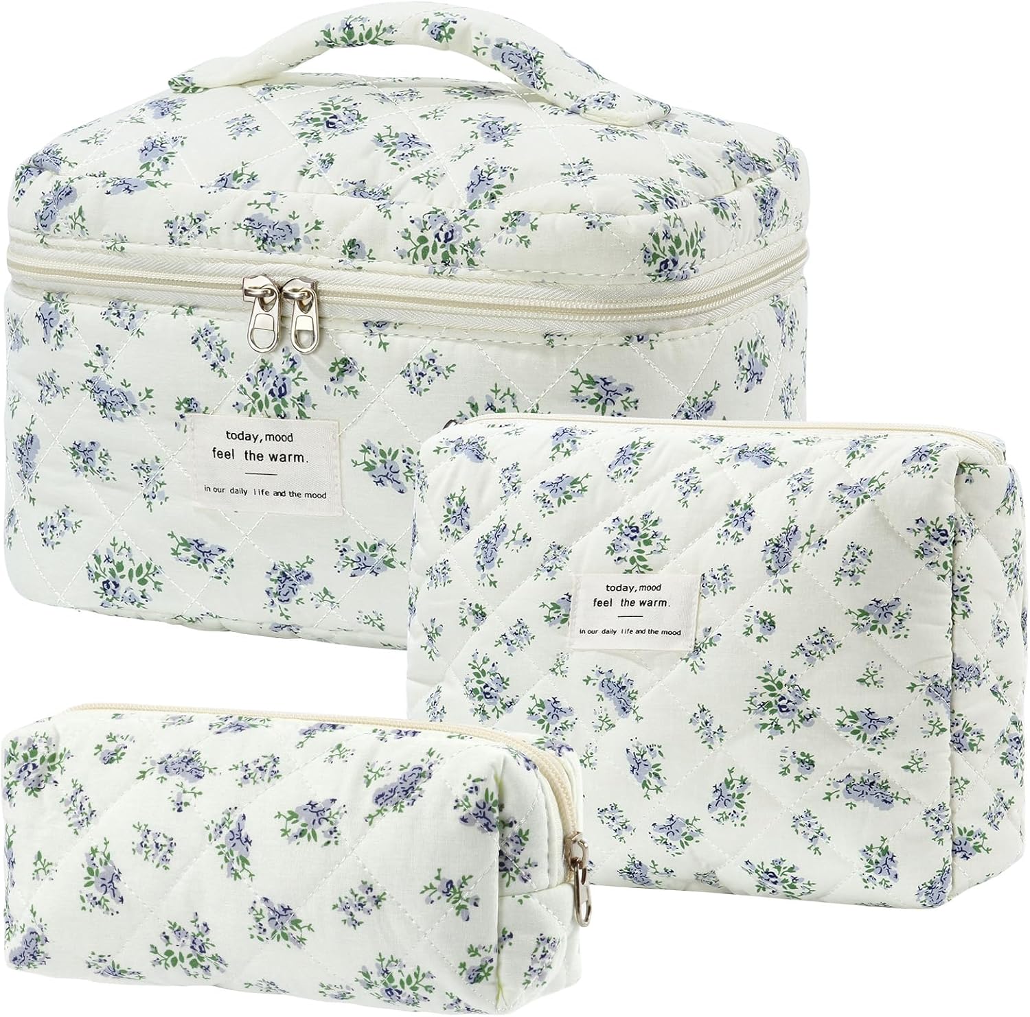 Set van 3 make-uptassen voor dames met bloemenpatroon, toilettas, grote toilettas, draagbare make-uptas voor reizen en dagelijks gebruik, pollen, roze, rustieke bloem