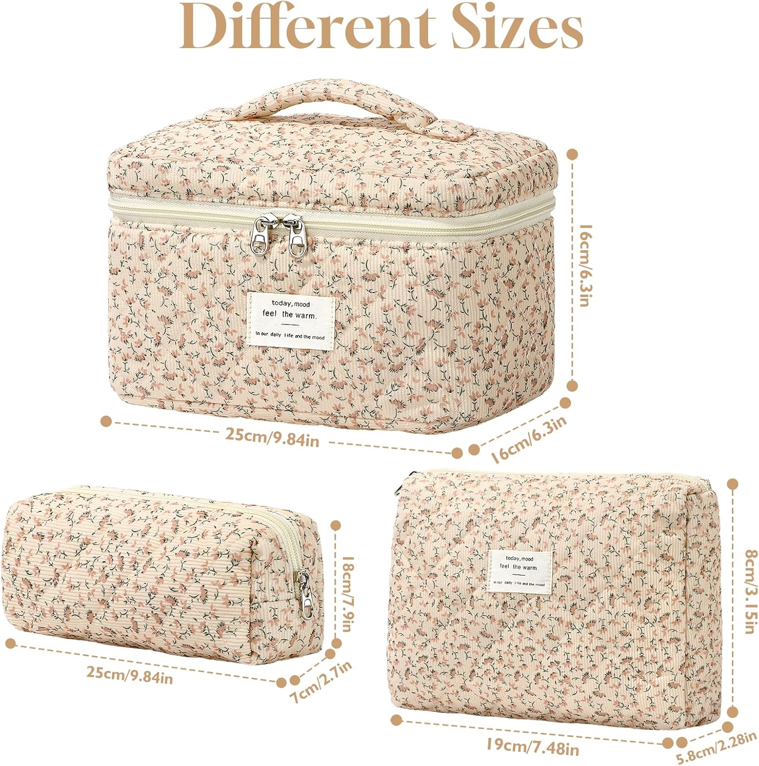 Set van 3 make-uptassen voor dames met bloemenpatroon, toilettas, grote toilettas, draagbare make-uptas voor reizen en dagelijks gebruik, pollen, roze, rustieke bloem
