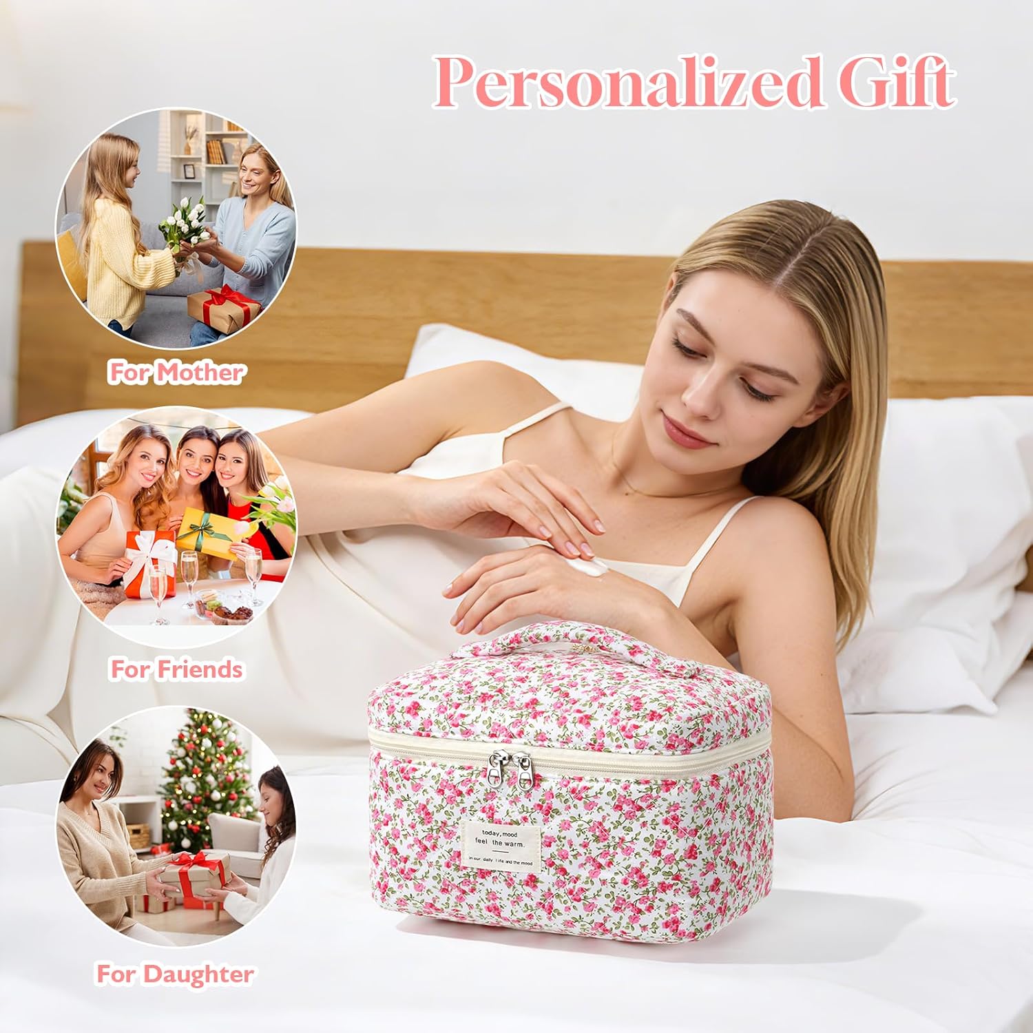 Set van 3 make-uptassen voor dames met bloemenpatroon, toilettas, grote toilettas, draagbare make-uptas voor reizen en dagelijks gebruik, pollen, roze, rustieke bloem