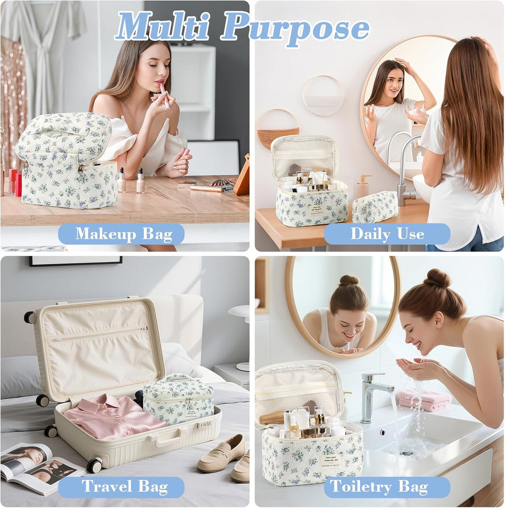 Set van 3 make-uptassen voor dames met bloemenpatroon, toilettas, grote toilettas, draagbare make-uptas voor reizen en dagelijks gebruik, pollen, roze, rustieke bloem