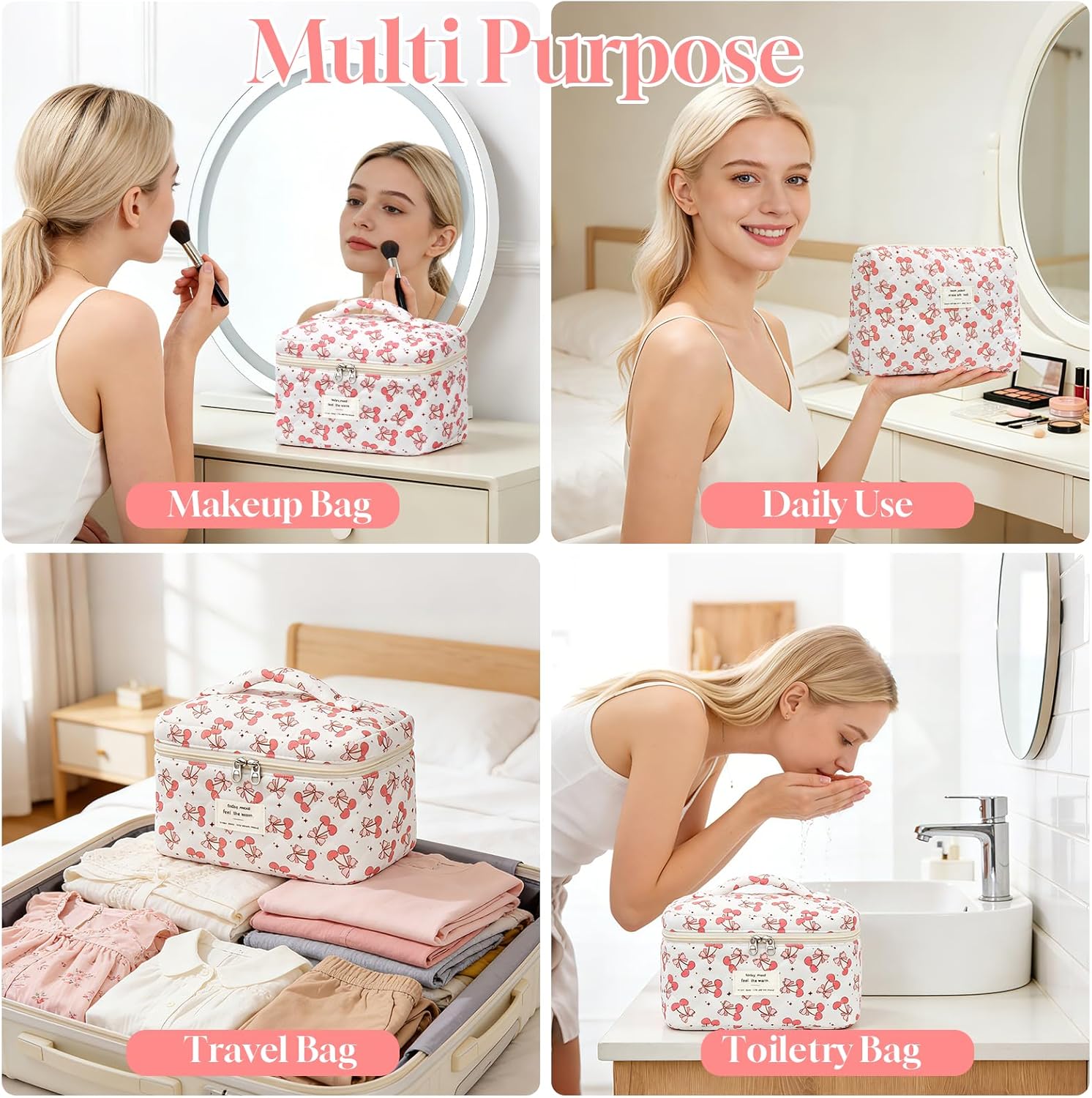 Set van 3 make-uptassen voor dames met bloemenpatroon, toilettas, grote toilettas, draagbare make-uptas voor reizen en dagelijks gebruik, pollen, roze, rustieke bloem