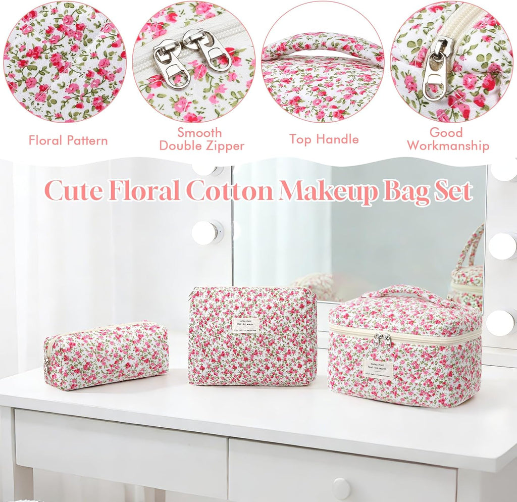 Set van 3 make-uptassen voor dames met bloemenpatroon, toilettas, grote toilettas, draagbare make-uptas voor reizen en dagelijks gebruik, pollen, roze, rustieke bloem