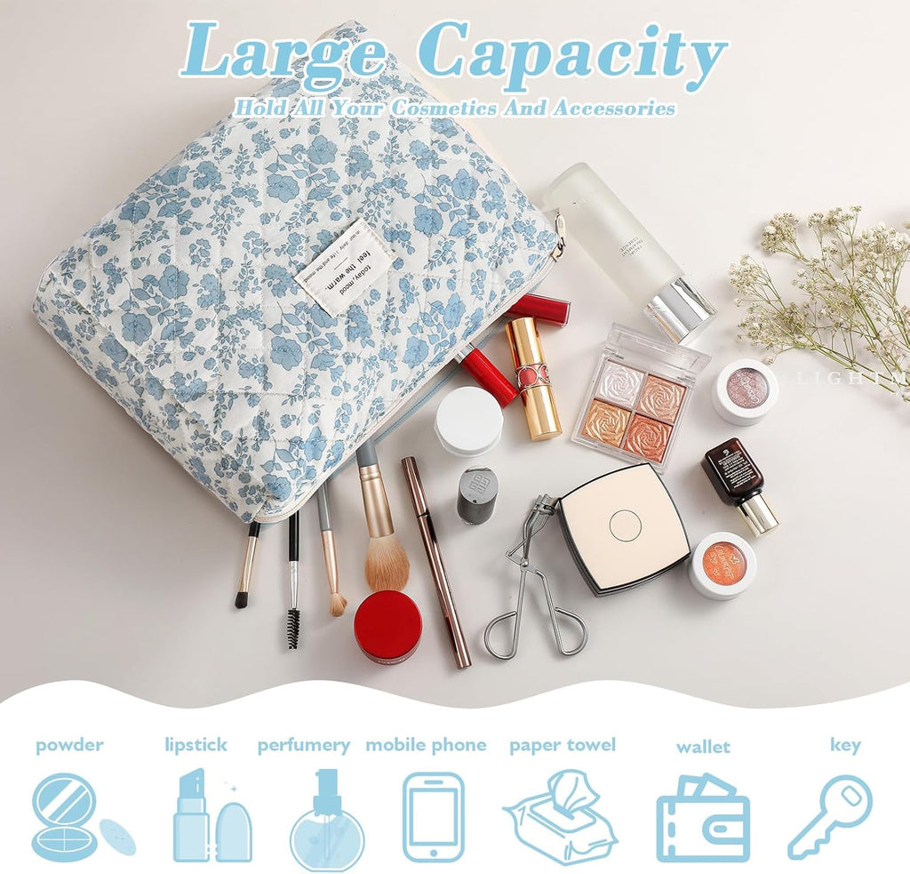 Set van 3 make-uptassen voor dames met bloemenpatroon, toilettas, grote toilettas, draagbare make-uptas voor reizen en dagelijks gebruik, pollen, roze, rustieke bloem