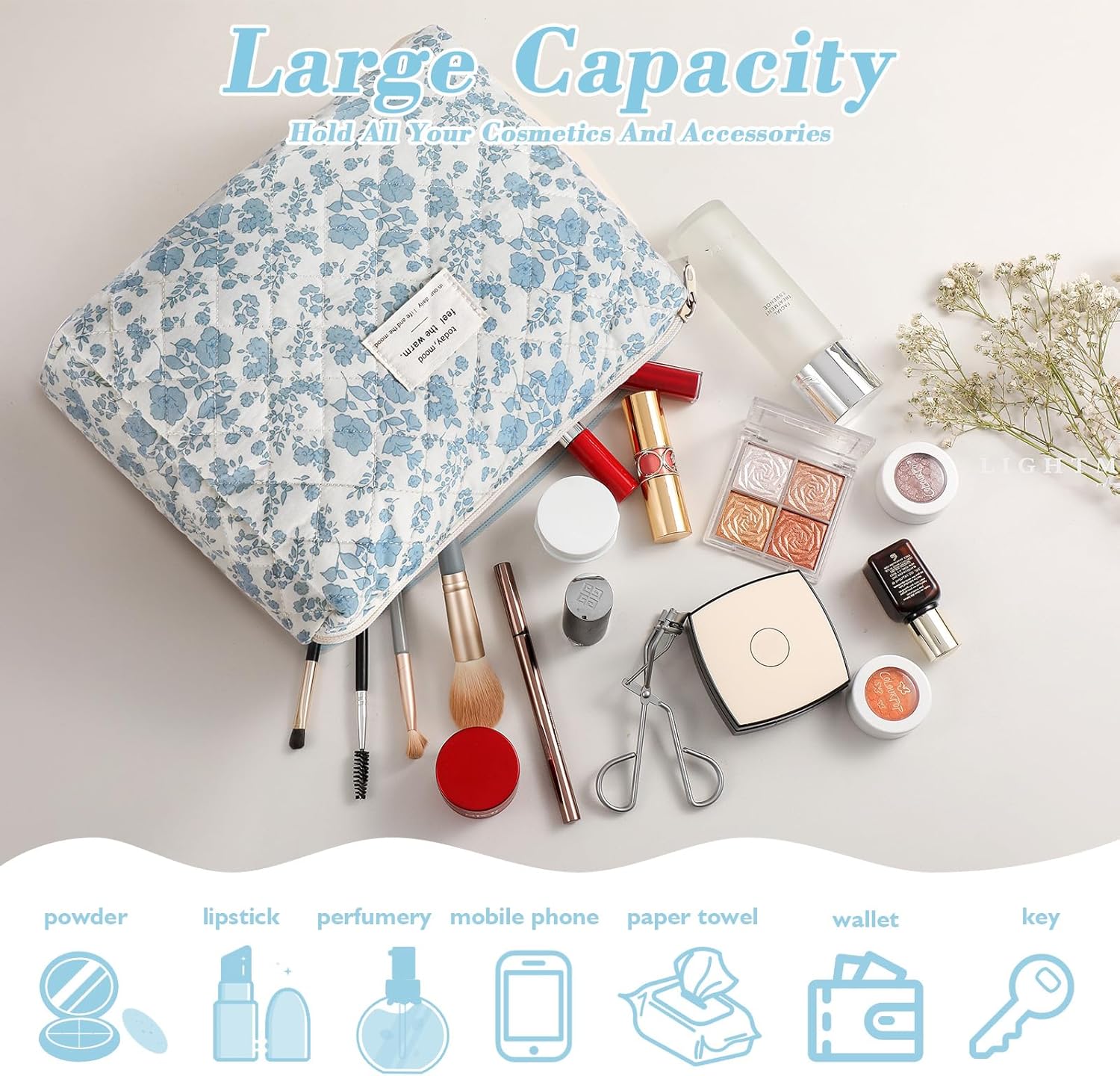 Set van 3 make-uptassen voor dames met bloemenpatroon, toilettas, grote toilettas, draagbare make-uptas voor reizen en dagelijks gebruik, pollen, roze, rustieke bloem
