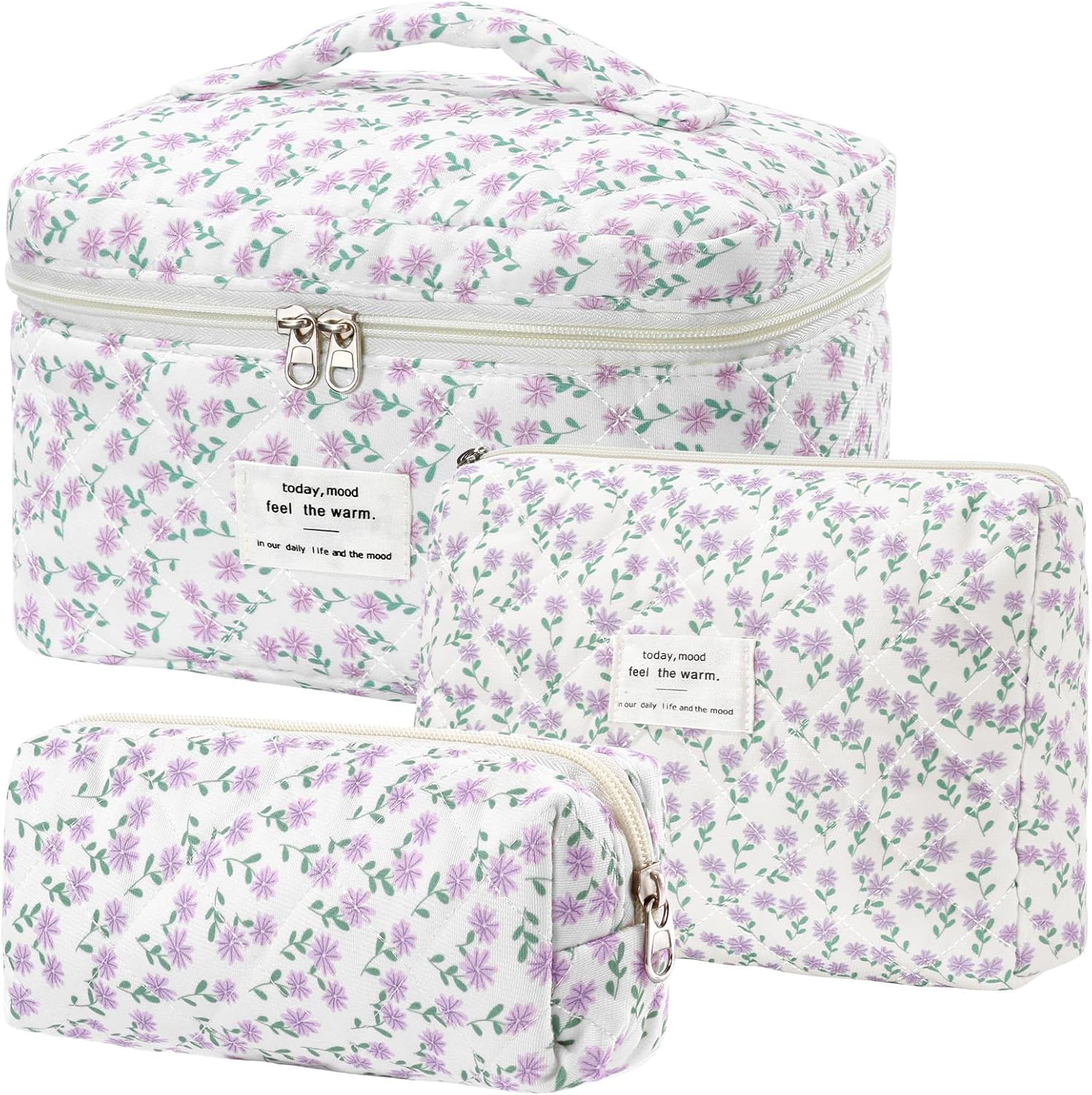 Set van 3 make-uptassen voor dames met bloemenpatroon, toilettas, grote toilettas, draagbare make-uptas voor reizen en dagelijks gebruik, pollen, roze, rustieke bloem