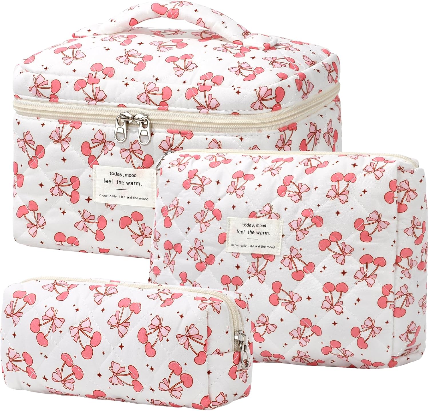 Set van 3 make-uptassen voor dames met bloemenpatroon, toilettas, grote toilettas, draagbare make-uptas voor reizen en dagelijks gebruik, pollen, roze, rustieke bloem