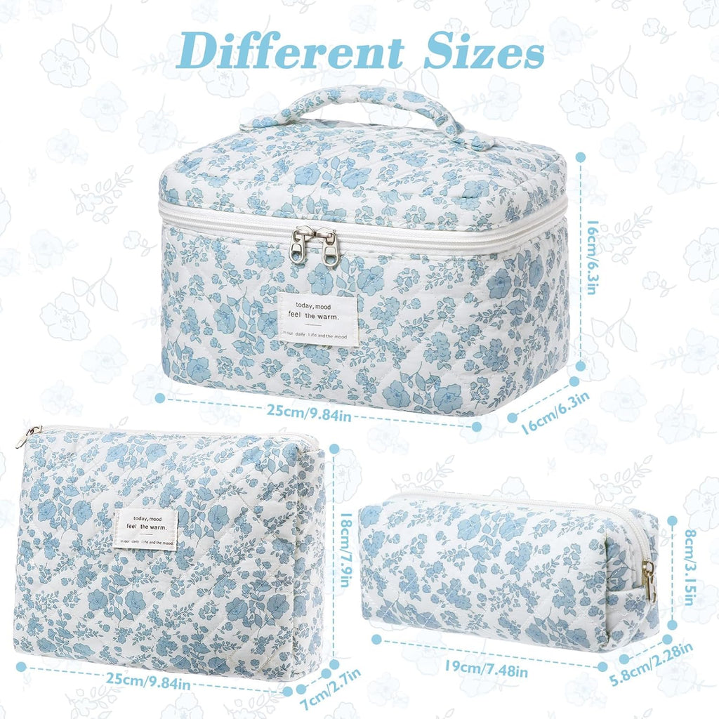 Set van 3 make-uptassen voor dames met bloemenpatroon, toilettas, grote toilettas, draagbare make-uptas voor reizen en dagelijks gebruik, pollen, roze, rustieke bloem