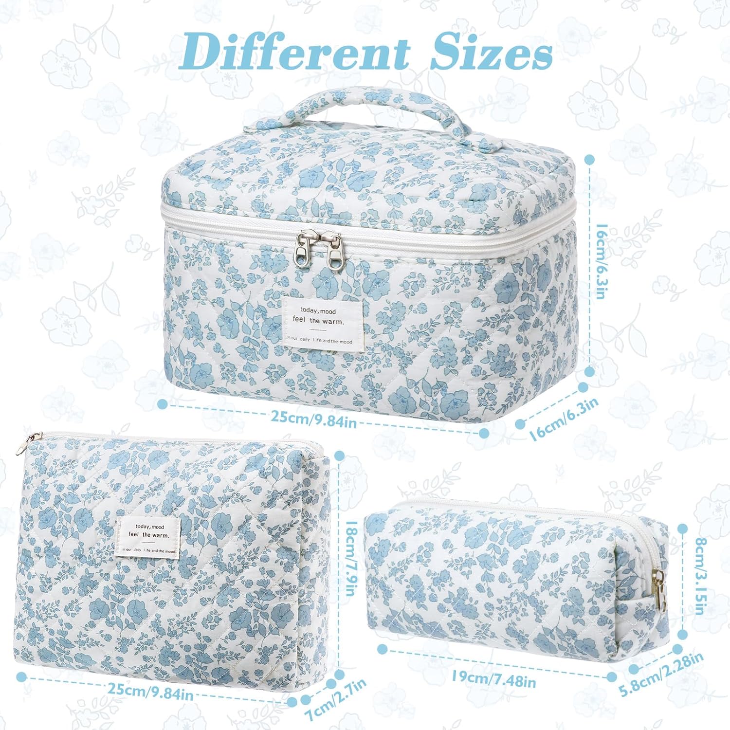 Set van 3 make-uptassen voor dames met bloemenpatroon, toilettas, grote toilettas, draagbare make-uptas voor reizen en dagelijks gebruik, pollen, roze, rustieke bloem