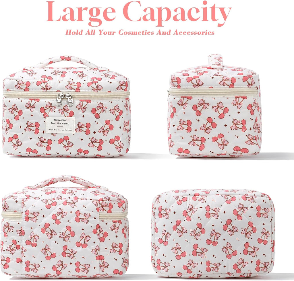 Set van 3 make-uptassen voor dames met bloemenpatroon, toilettas, grote toilettas, draagbare make-uptas voor reizen en dagelijks gebruik, pollen, roze, rustieke bloem