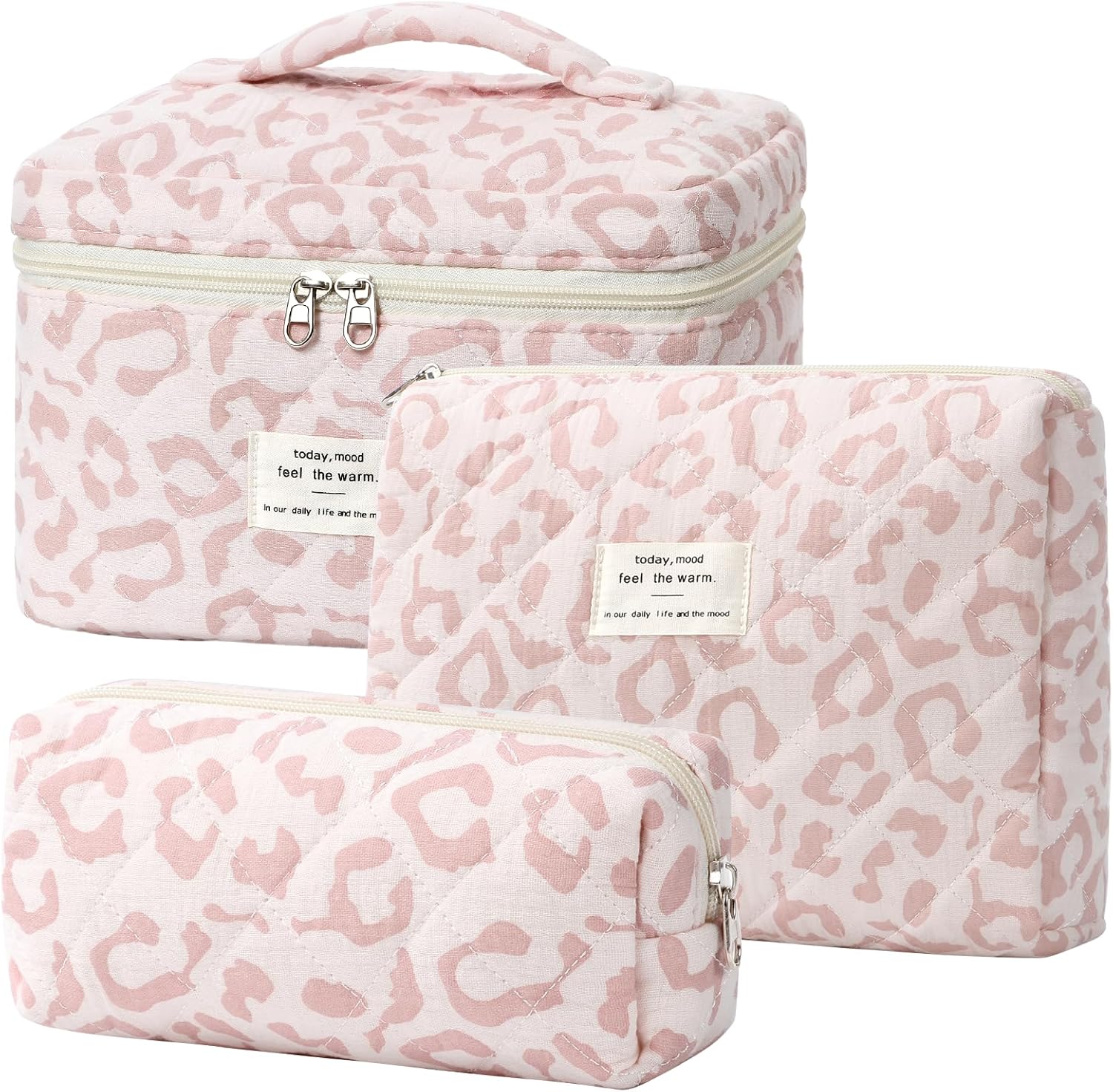 Set van 3 make-uptassen voor dames met bloemenpatroon, toilettas, grote toilettas, draagbare make-uptas voor reizen en dagelijks gebruik, pollen, roze, rustieke bloem