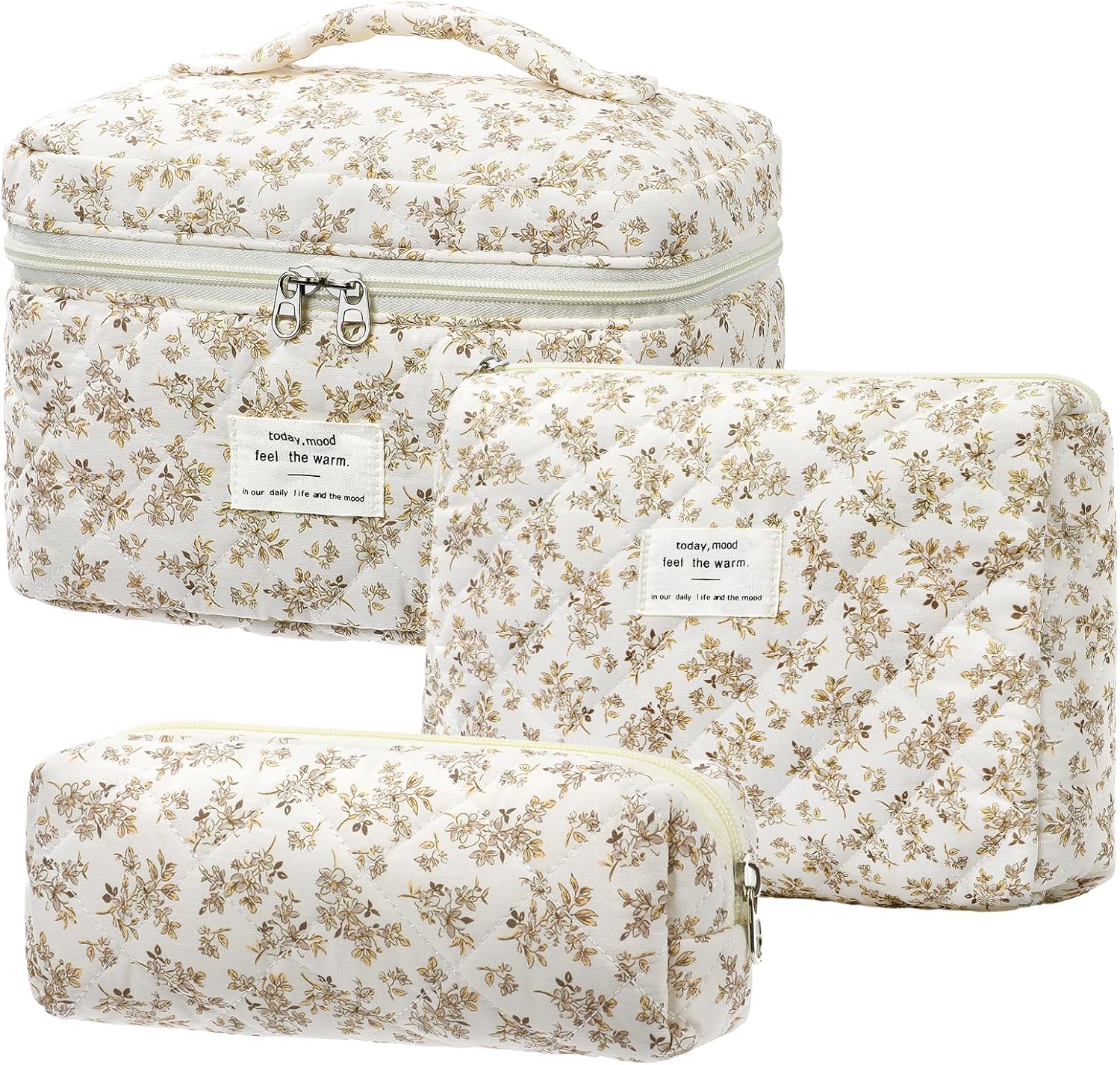 Set van 3 make-uptassen voor dames met bloemenpatroon, toilettas, grote toilettas, draagbare make-uptas voor reizen en dagelijks gebruik, pollen, roze, rustieke bloem