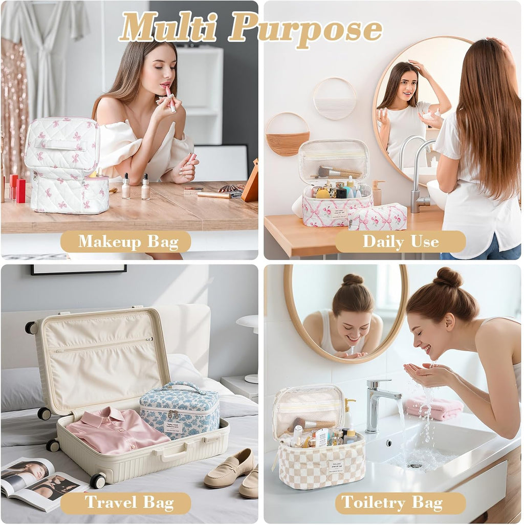 Set van 3 make-uptassen voor dames met bloemenpatroon, toilettas, grote toilettas, draagbare make-uptas voor reizen en dagelijks gebruik, pollen, roze, rustieke bloem