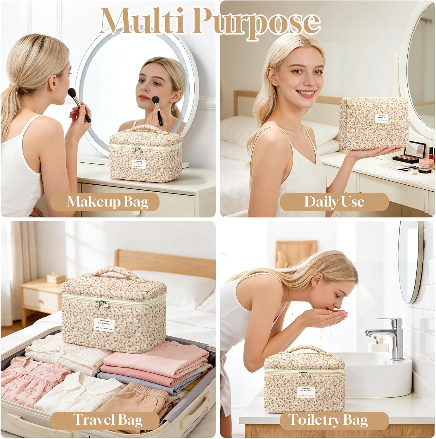 Set van 3 make-uptassen voor dames met bloemenpatroon, toilettas, grote toilettas, draagbare make-uptas voor reizen en dagelijks gebruik, pollen, roze, rustieke bloem