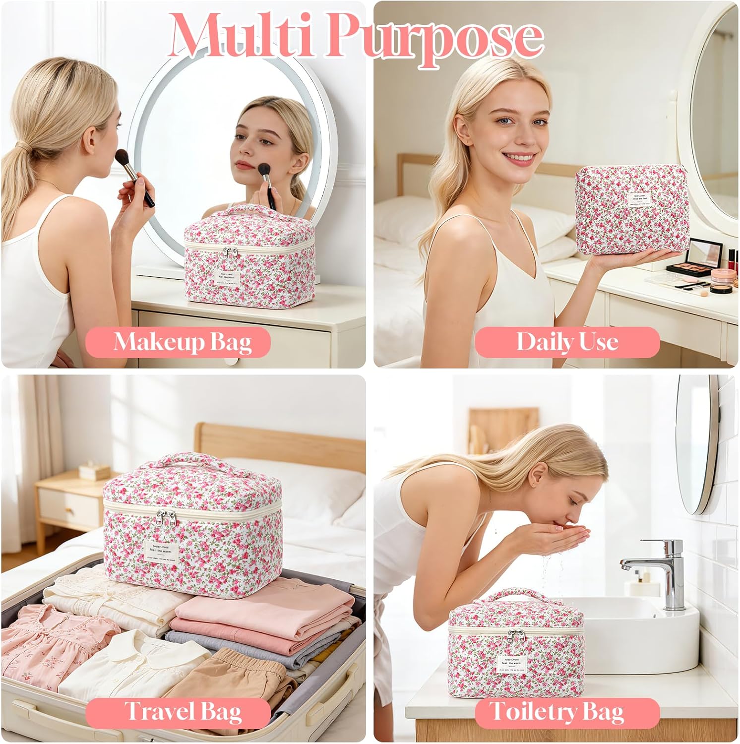 Set van 3 make-uptassen voor dames met bloemenpatroon, toilettas, grote toilettas, draagbare make-uptas voor reizen en dagelijks gebruik, pollen, roze, rustieke bloem