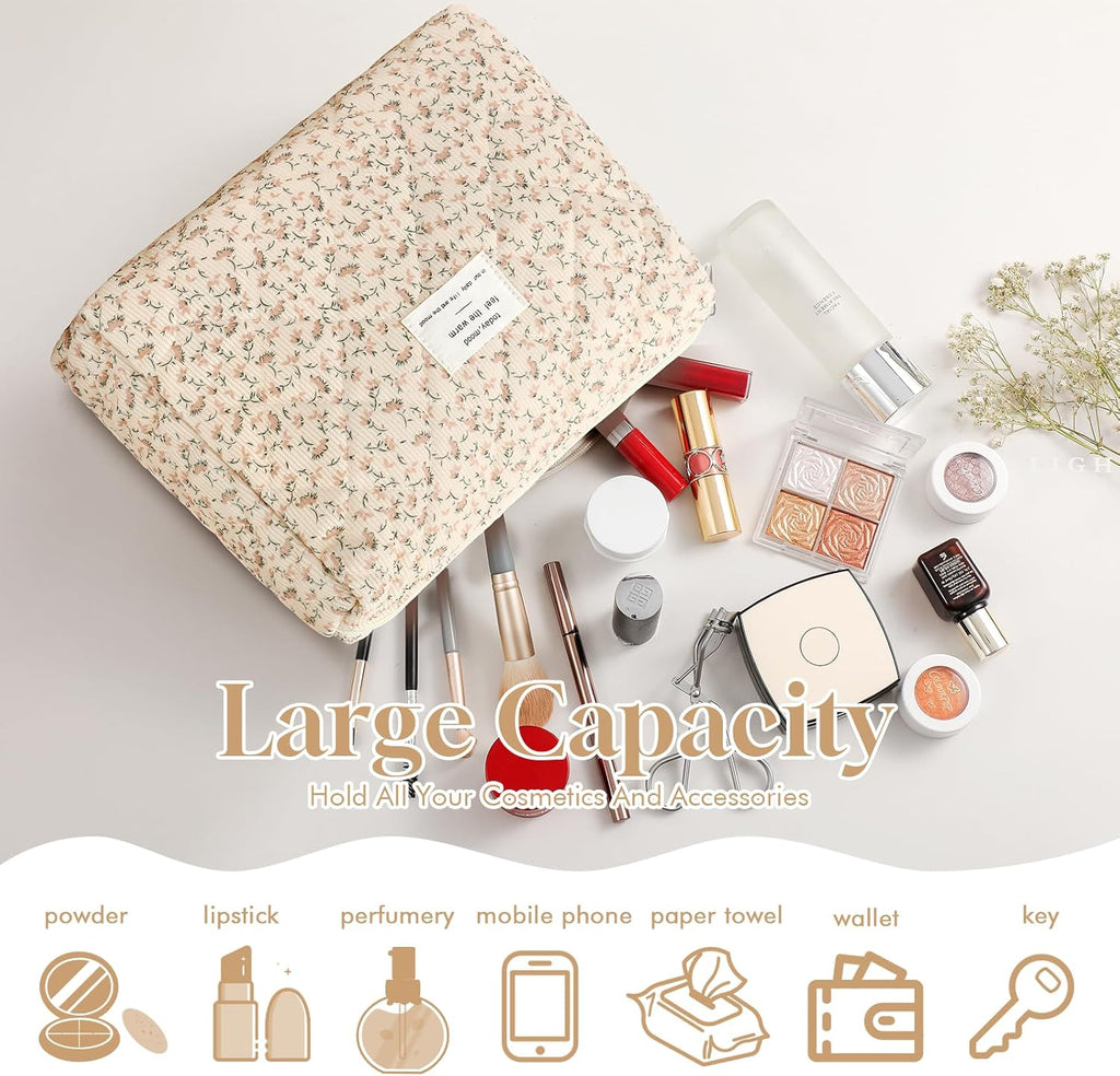 Set van 3 make-uptassen voor dames met bloemenpatroon, toilettas, grote toilettas, draagbare make-uptas voor reizen en dagelijks gebruik, pollen, roze, rustieke bloem
