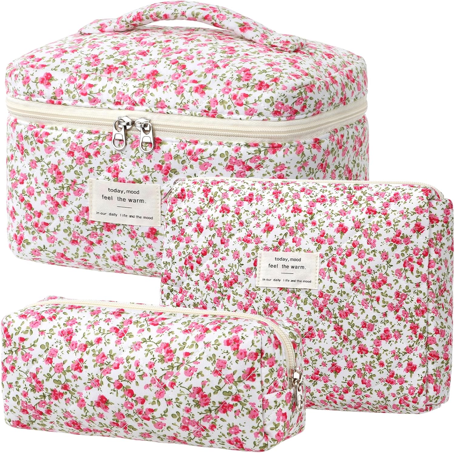 Set van 3 make-uptassen voor dames met bloemenpatroon, toilettas, grote toilettas, draagbare make-uptas voor reizen en dagelijks gebruik, pollen, roze, rustieke bloem