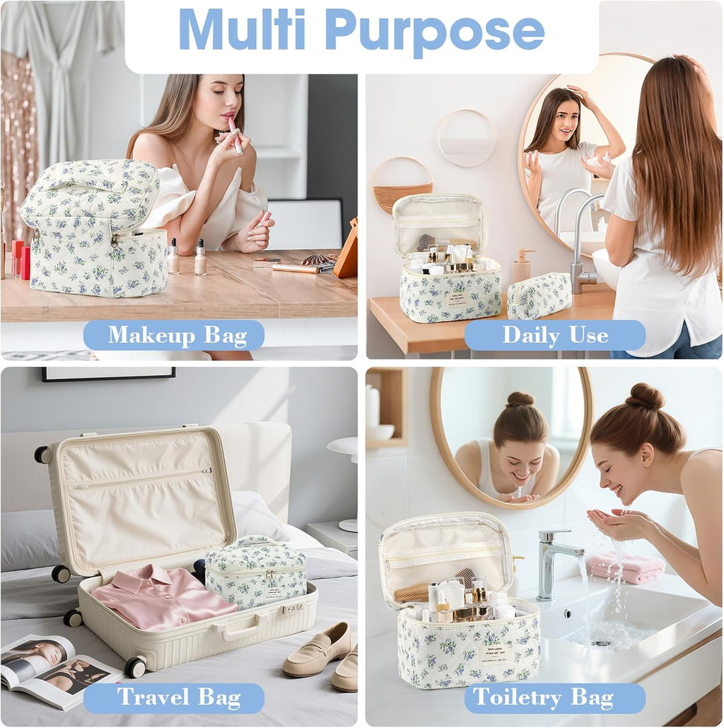 Set van 3 make-uptassen voor dames met bloemenpatroon, toilettas, grote toilettas, draagbare make-uptas voor reizen en dagelijks gebruik, pollen, roze, rustieke bloem