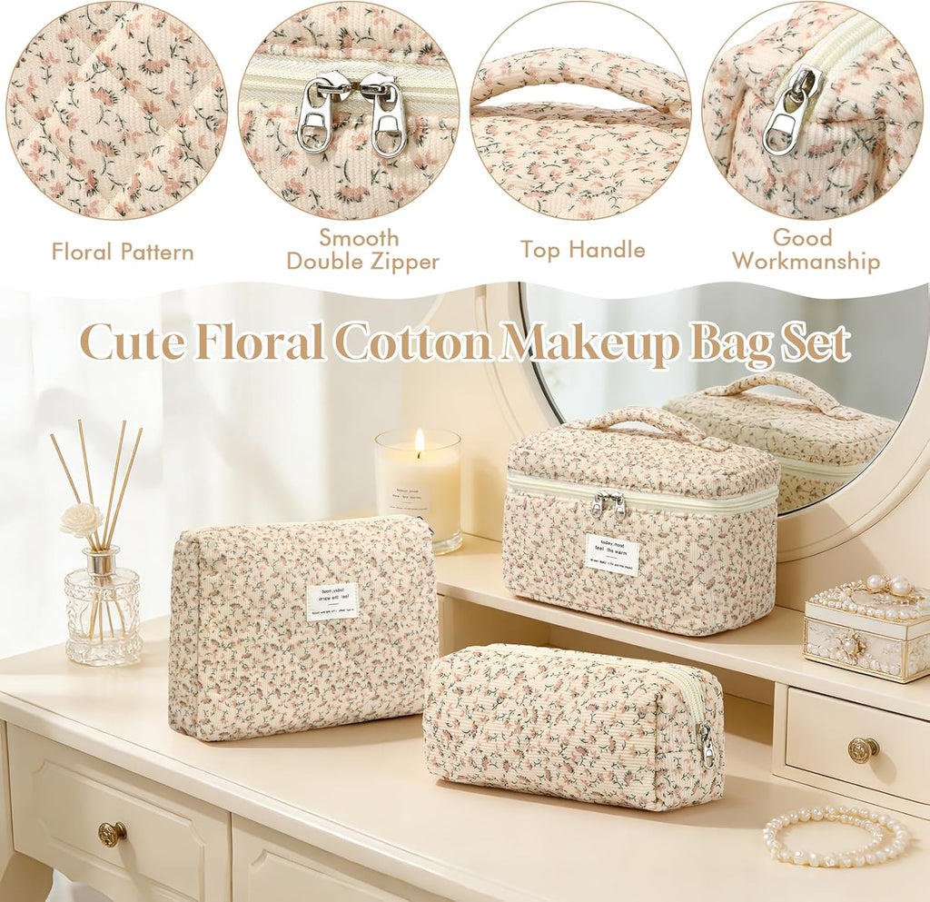 Set van 3 make-uptassen voor dames met bloemenpatroon, toilettas, grote toilettas, draagbare make-uptas voor reizen en dagelijks gebruik, pollen, roze, rustieke bloem