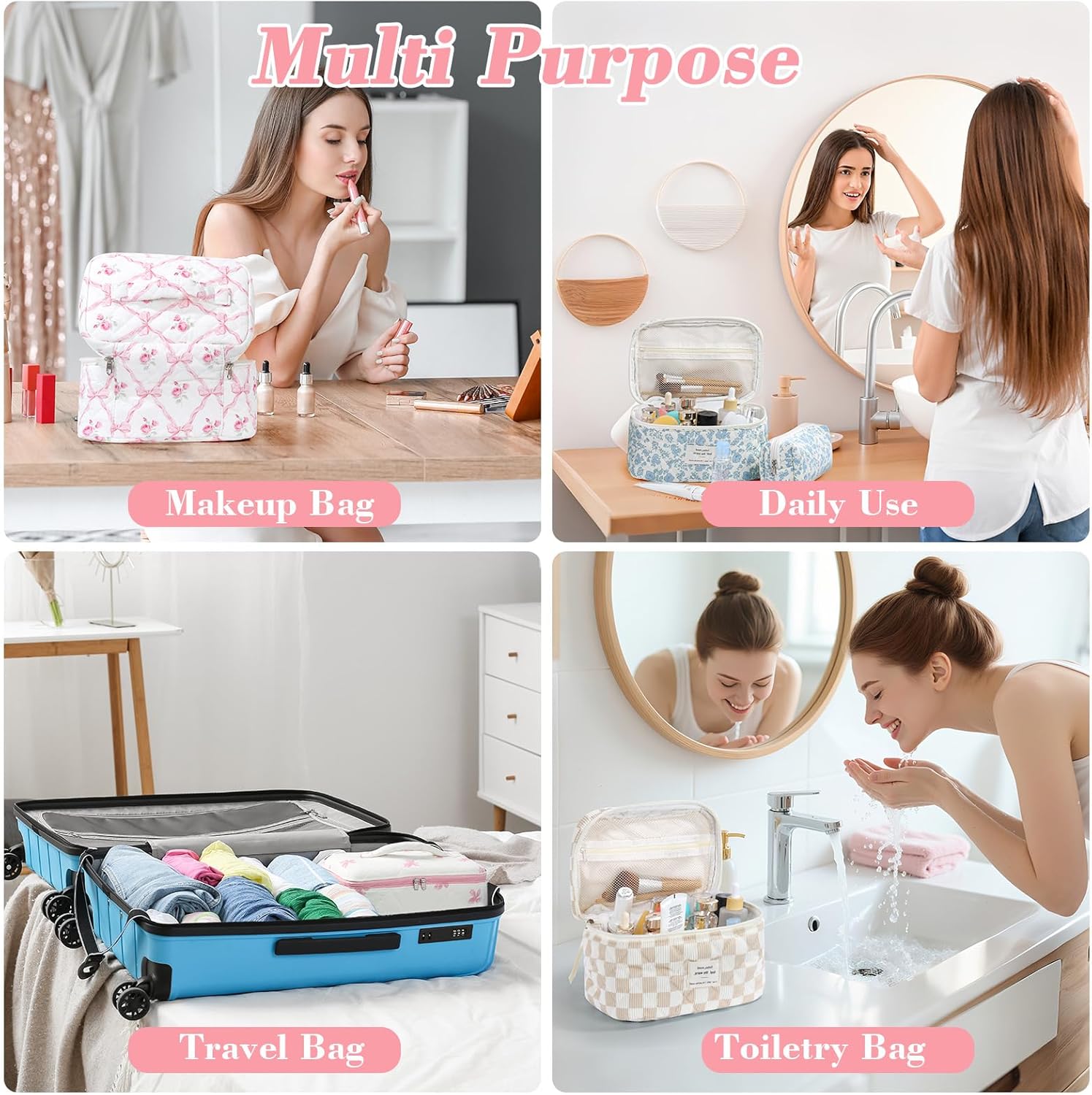 Set van 3 make-uptassen voor dames met bloemenpatroon, toilettas, grote toilettas, draagbare make-uptas voor reizen en dagelijks gebruik, pollen, roze, rustieke bloem